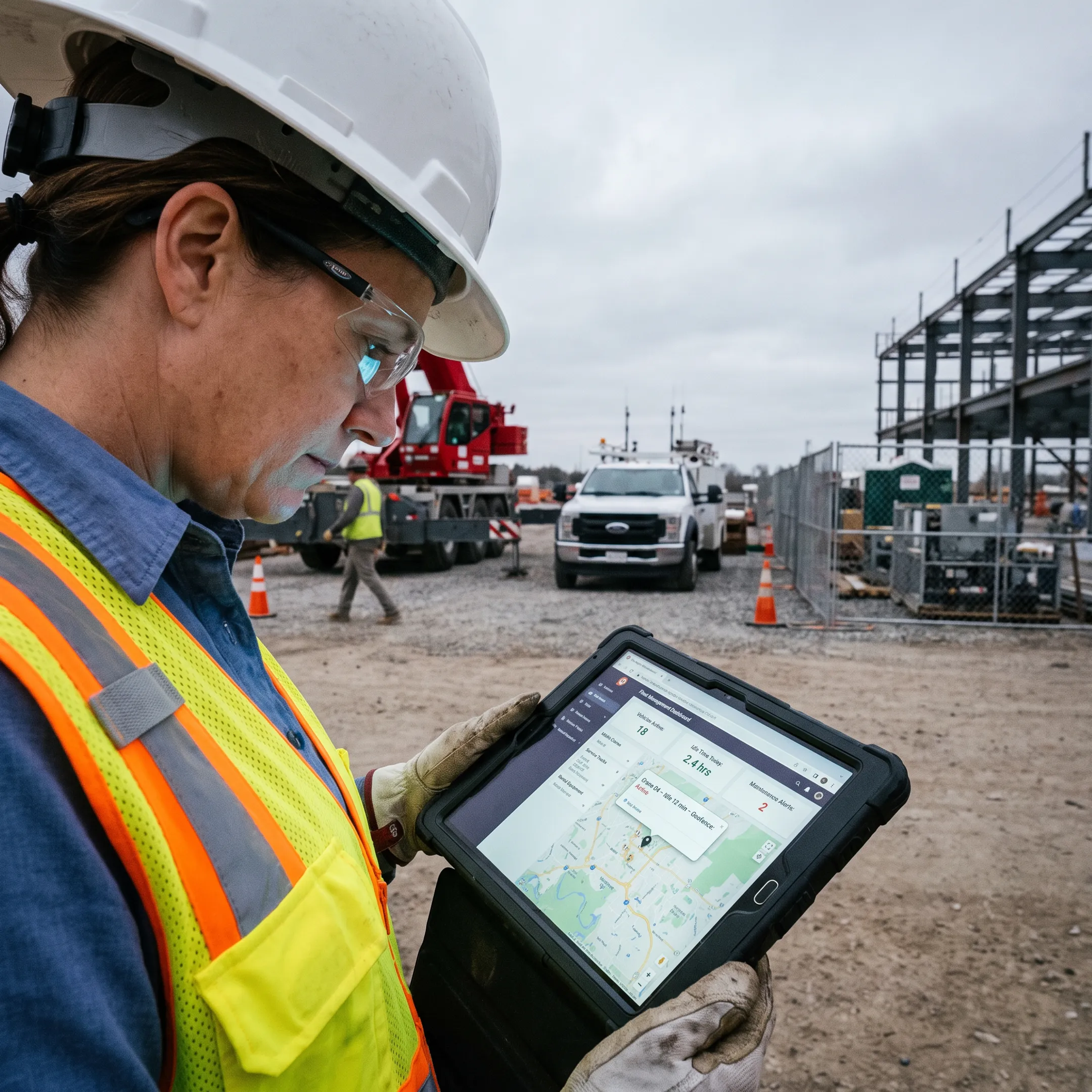 Crane fleet manager reviewing live equipment locations