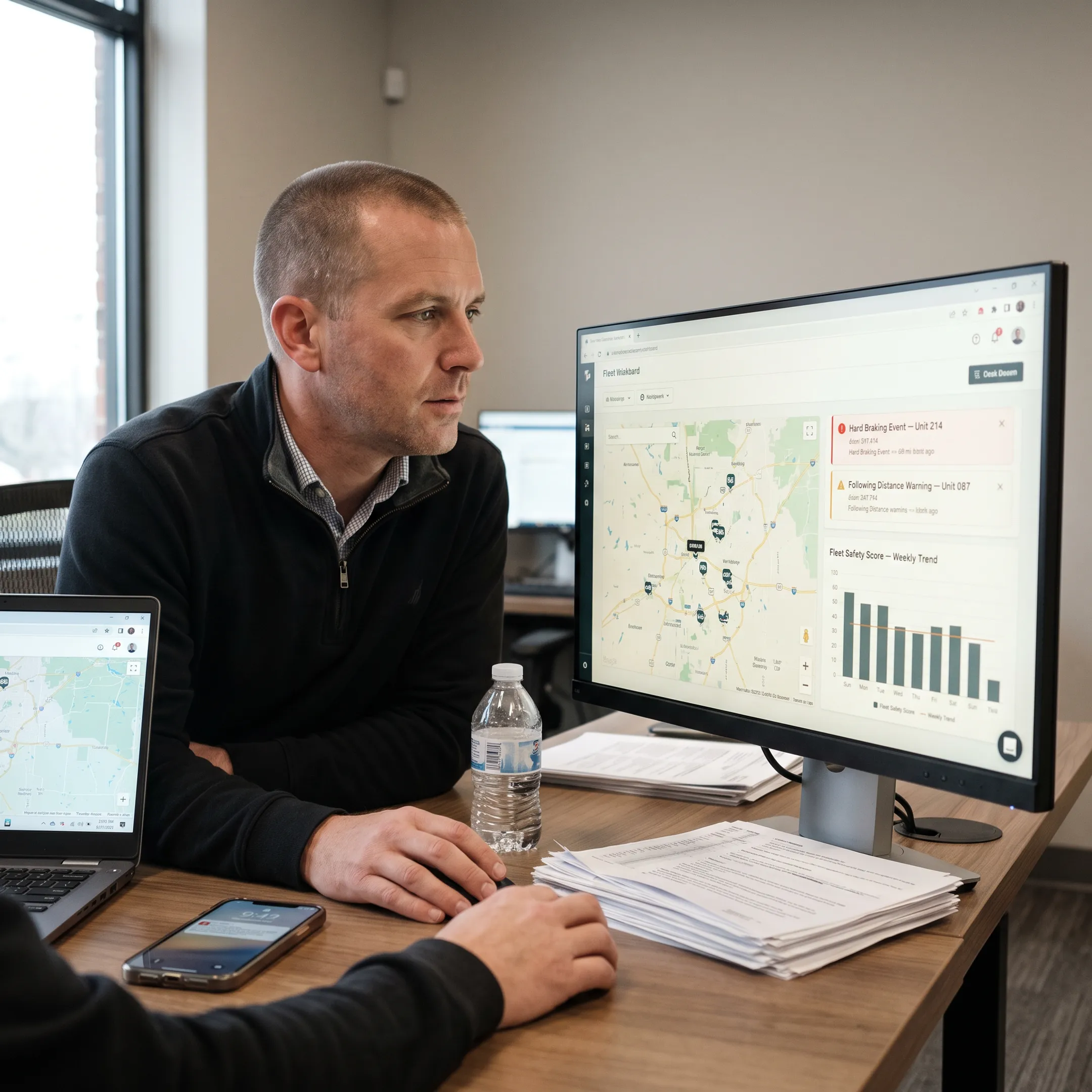 Fleet manager reviewing vehicle telematics data