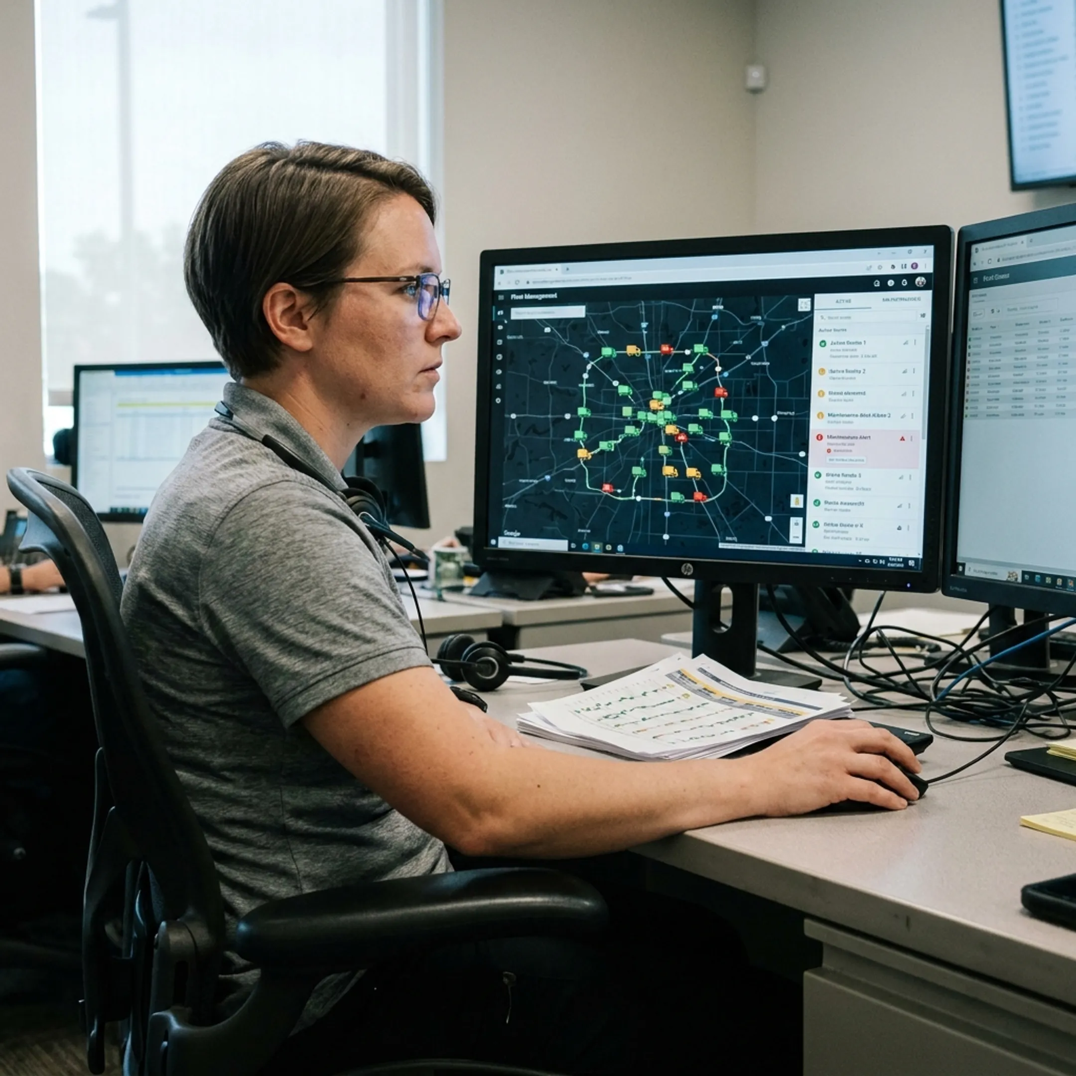 Dispatcher reviewing waste truck locations and route activity