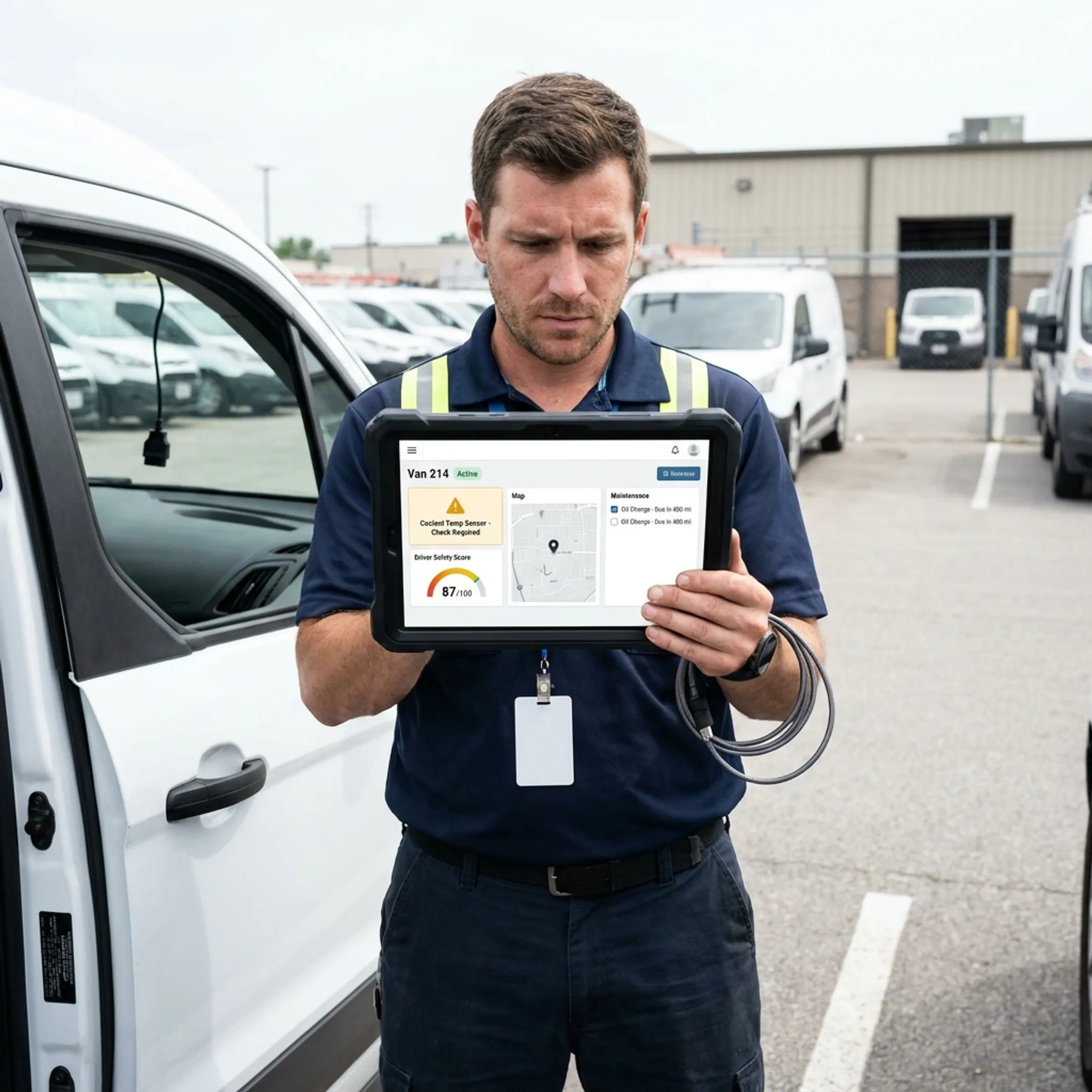 Technician checking connected fleet monitoring platform