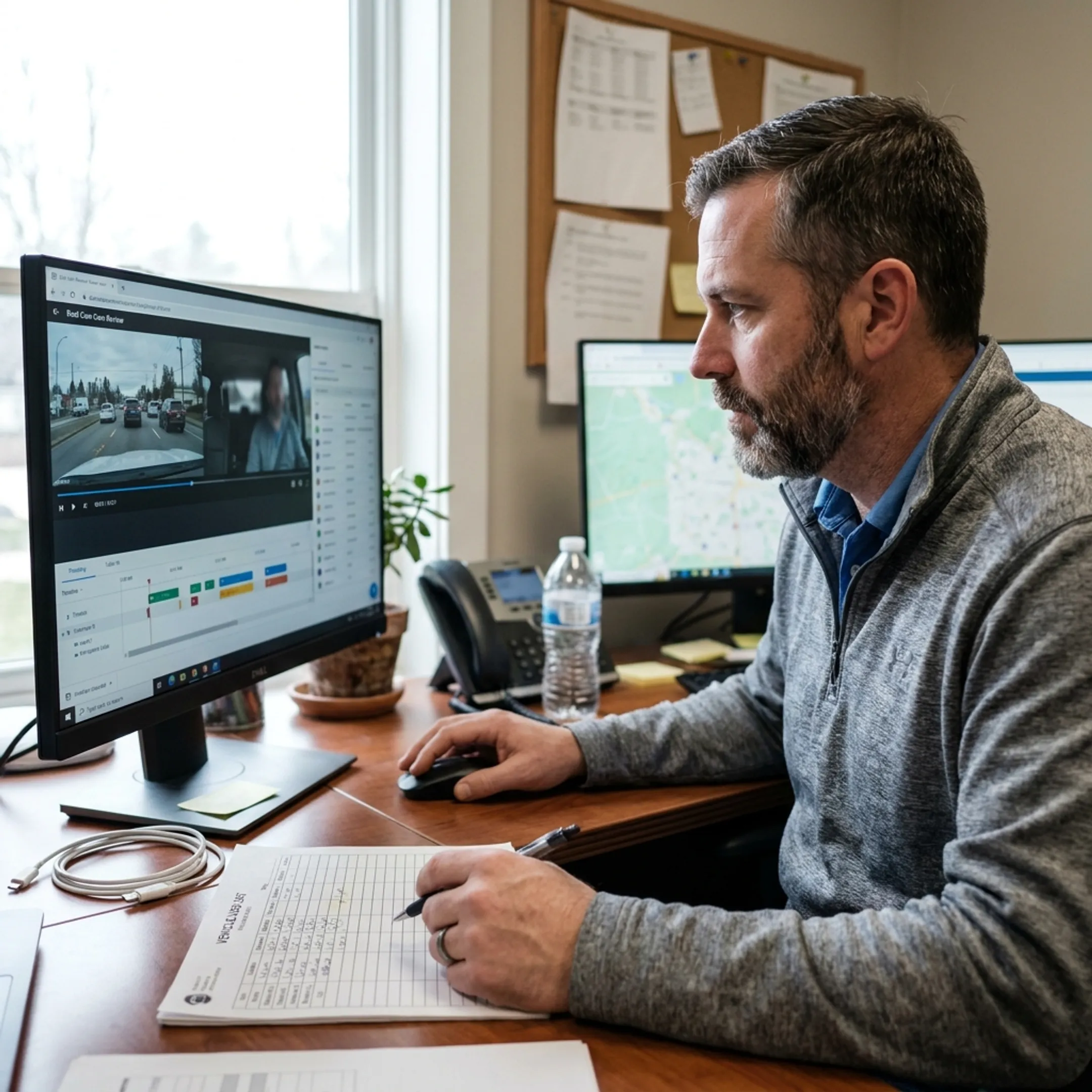 Fleet manager reviewing dual-facing dash cam footage