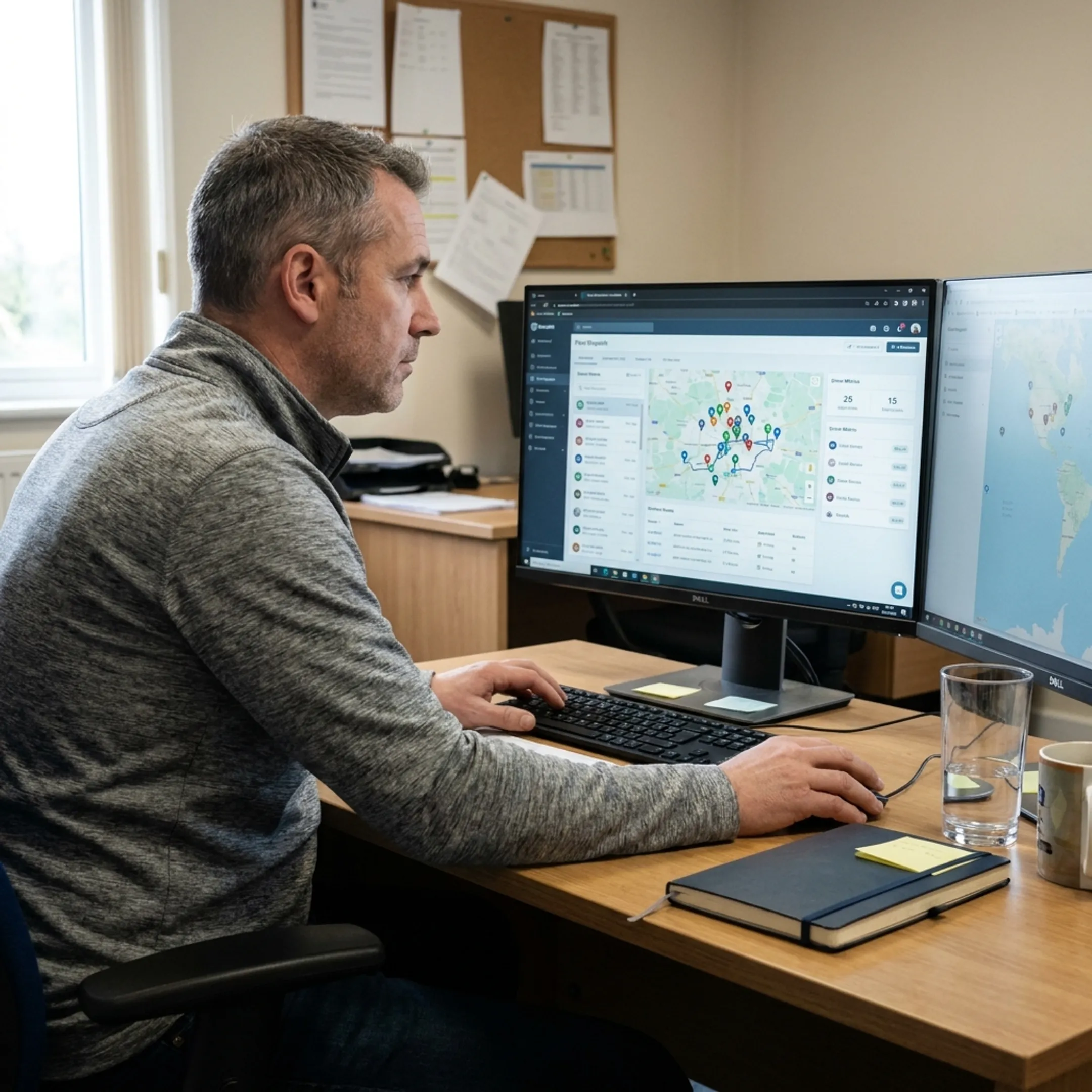 Fleet manager reviewing delivery dispatch data