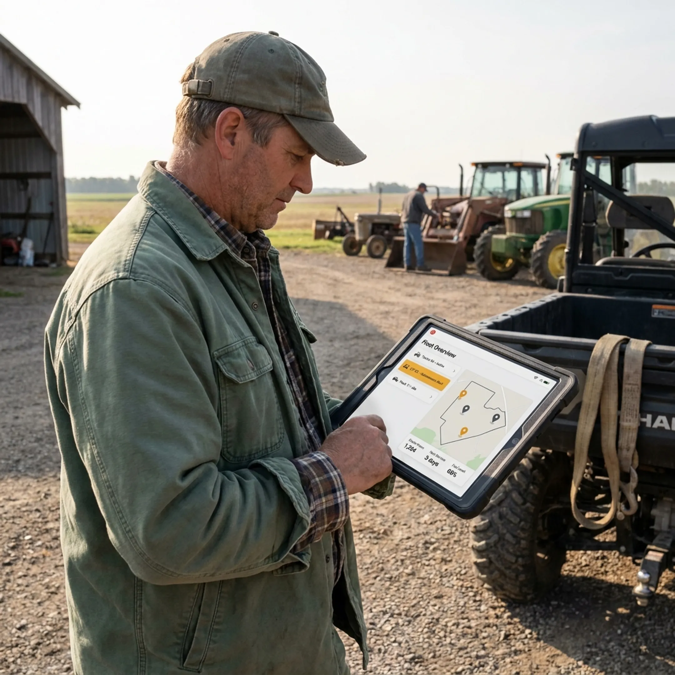 Farm supervisor viewing fleet data beside equipment