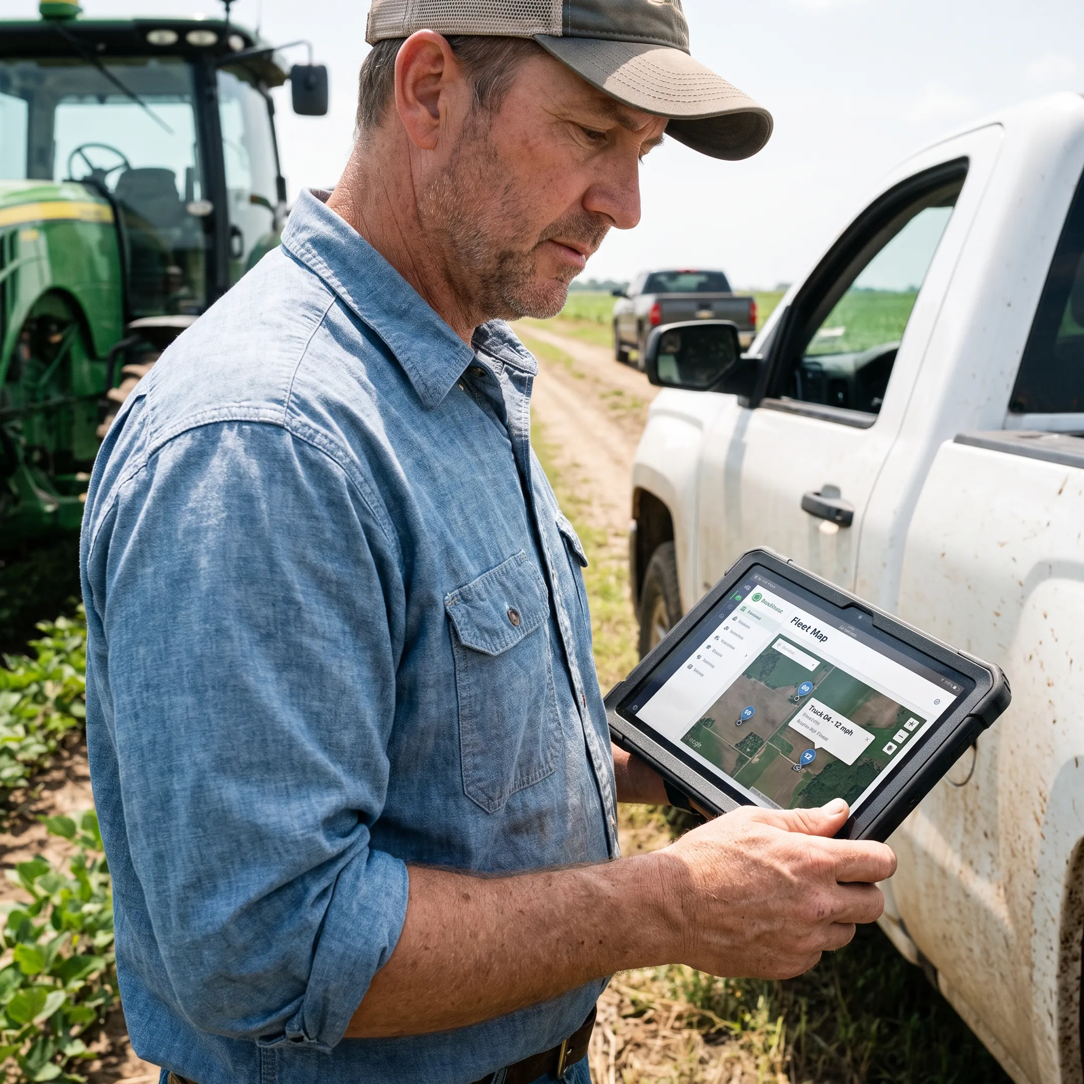 Farm manager reviewing fleet locations on a tablet