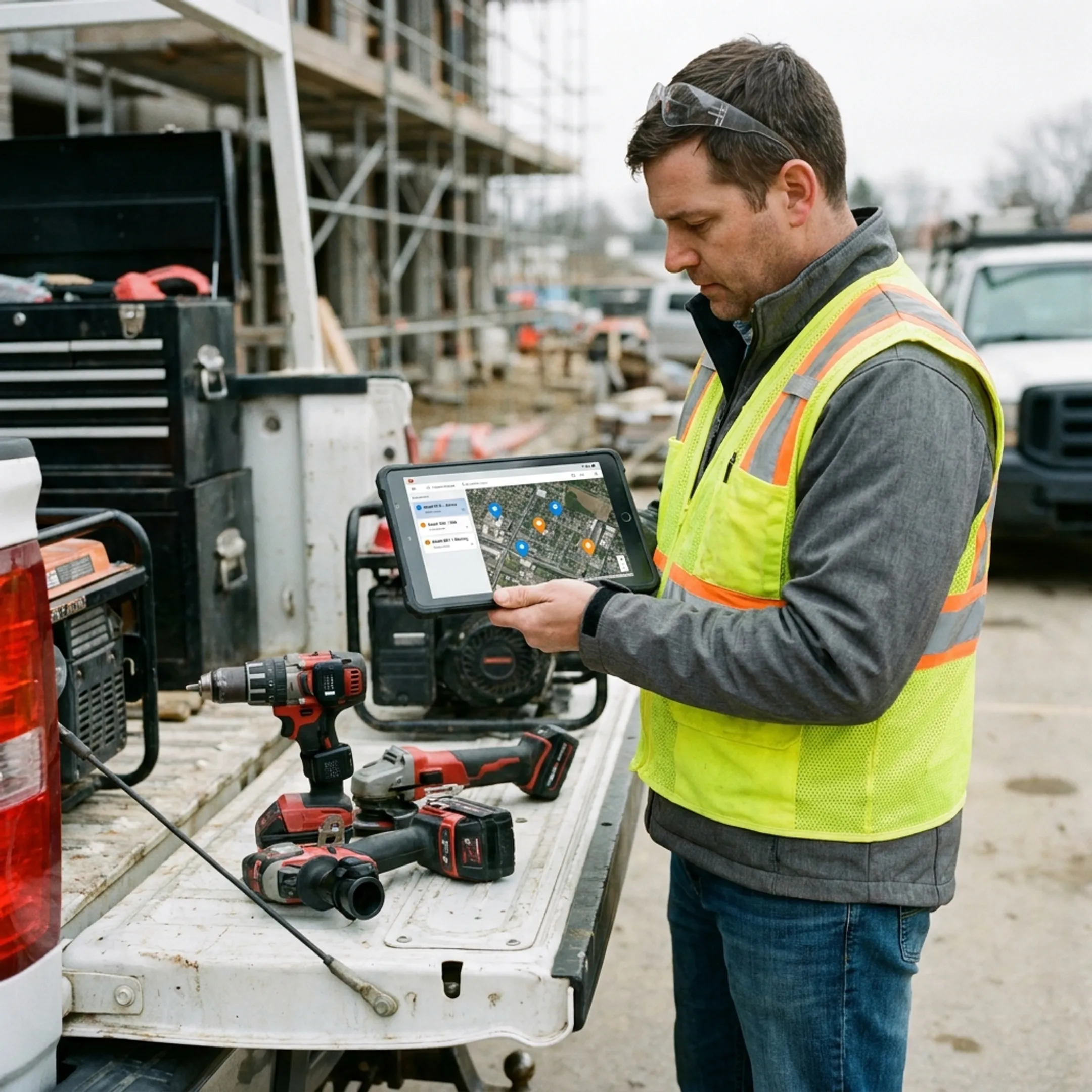 Tool beacons and equipment tracked at a jobsite