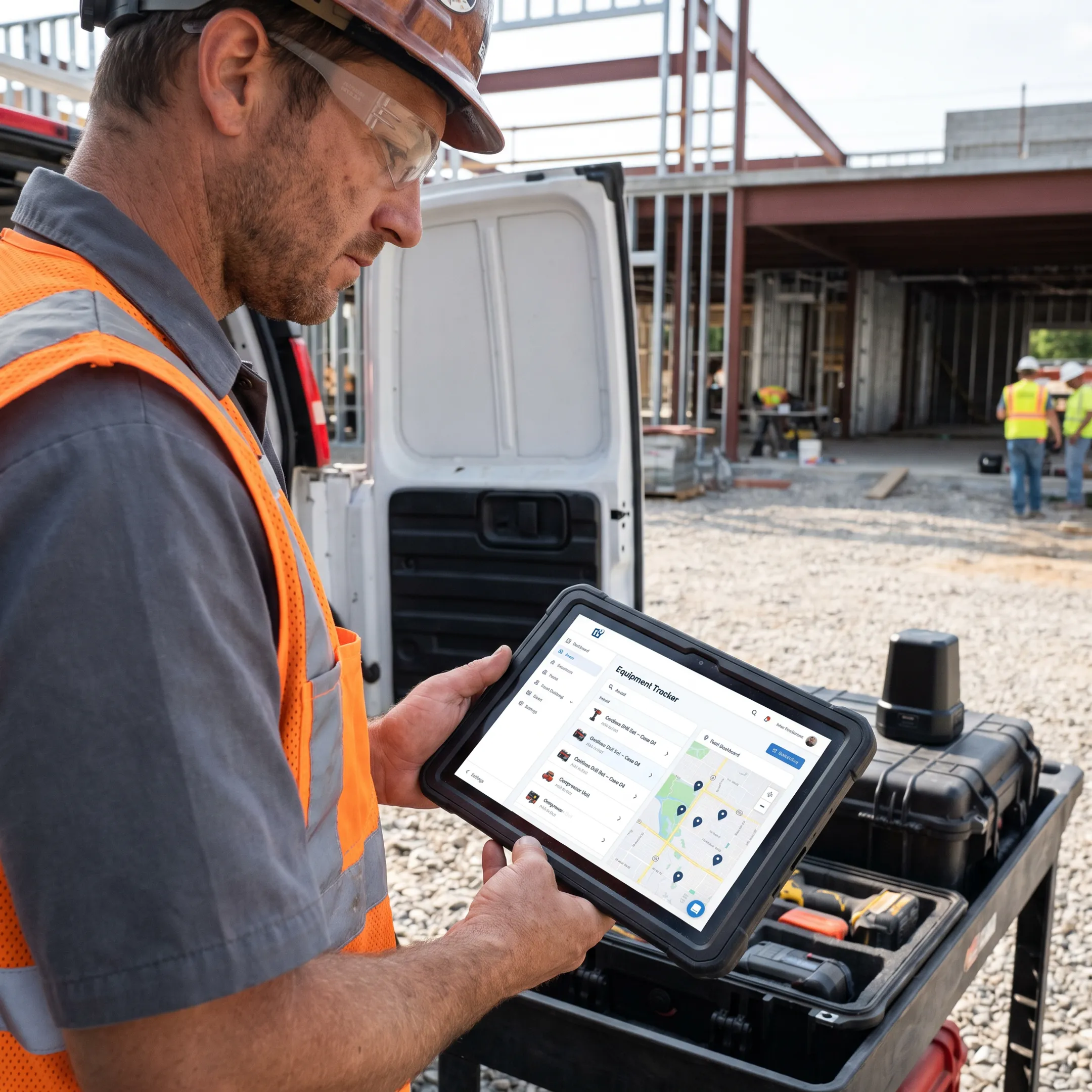 Field worker checking tracked tools on a tablet