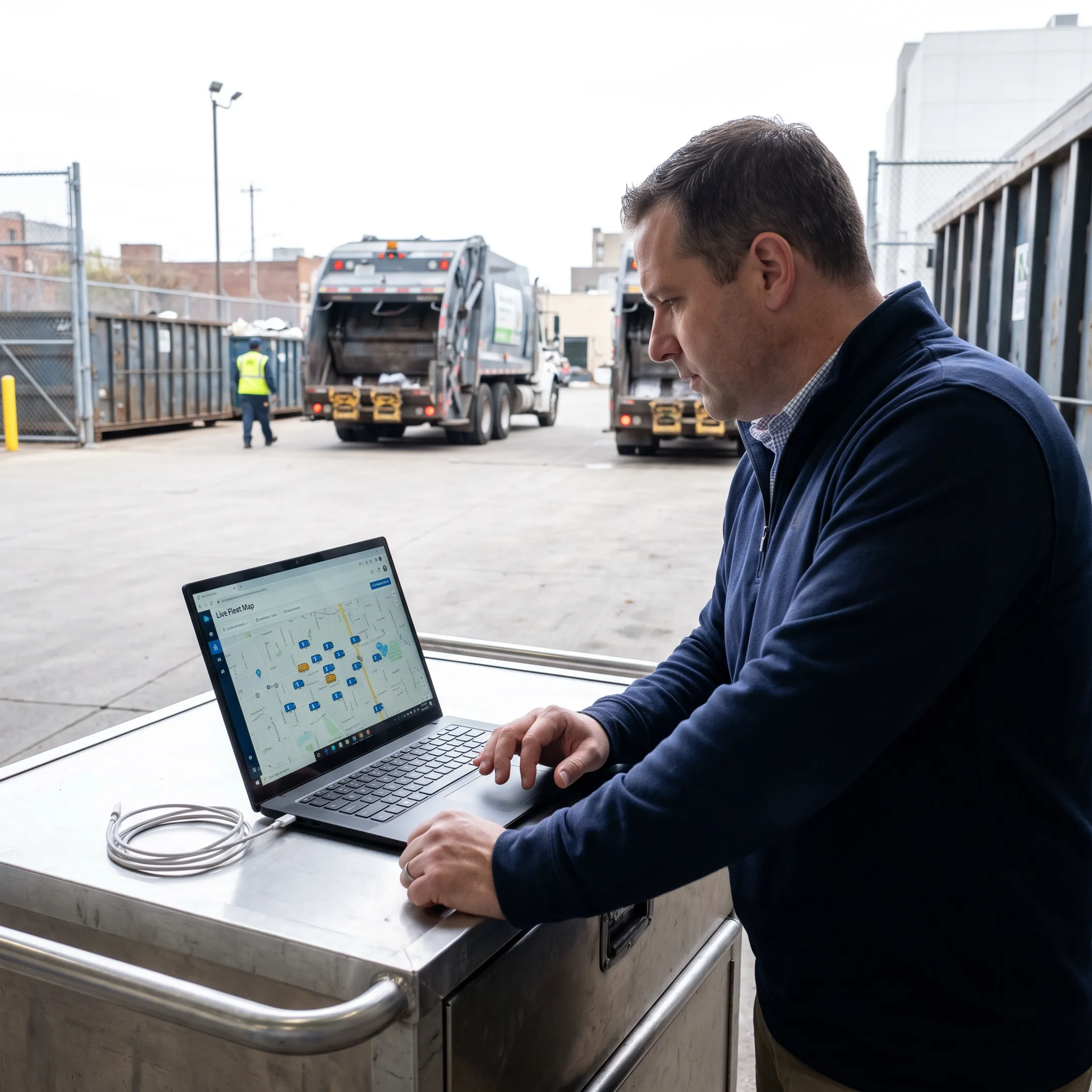 Waste fleet manager reviewing live vehicle locations
