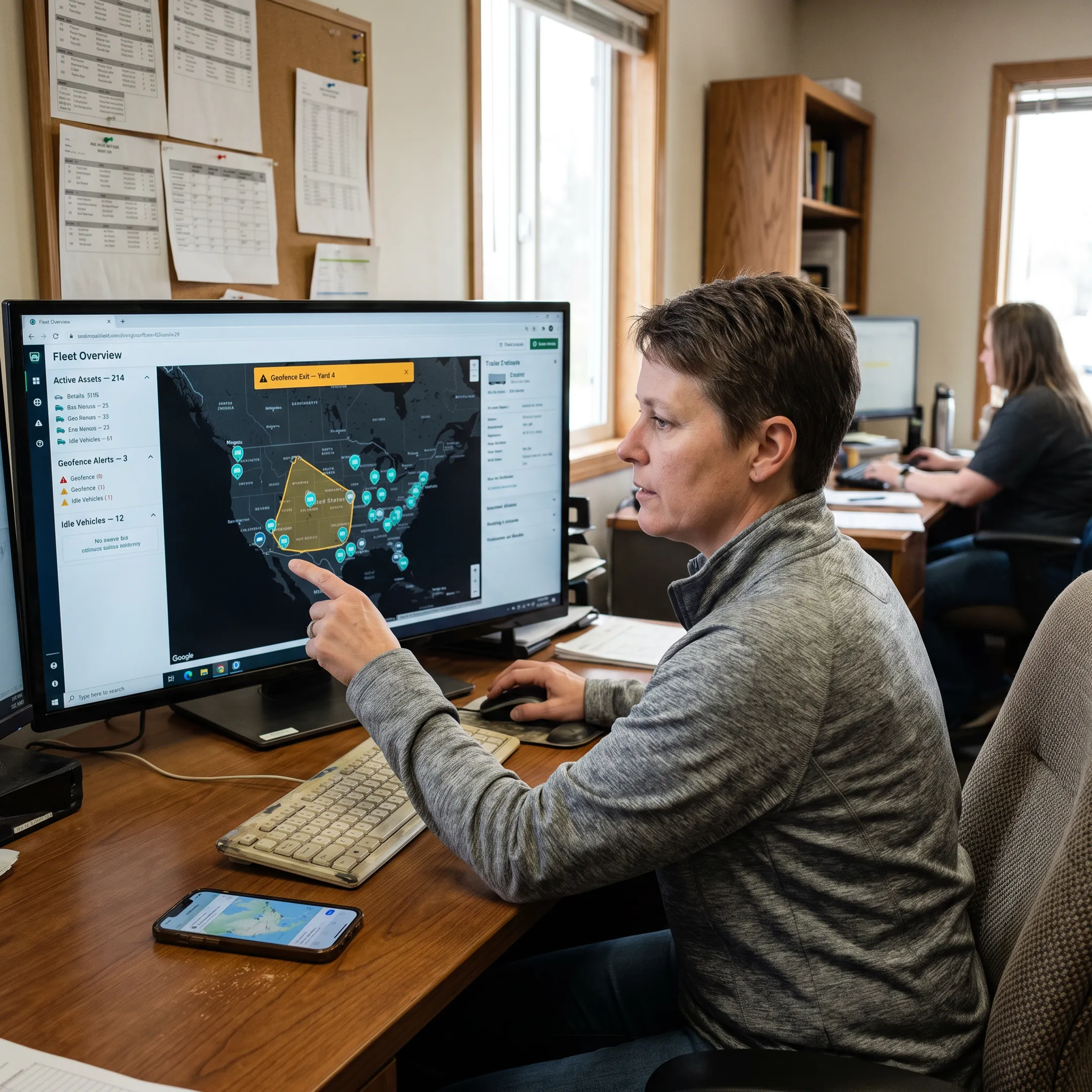 Operations manager viewing asset locations on a tracking dashboard