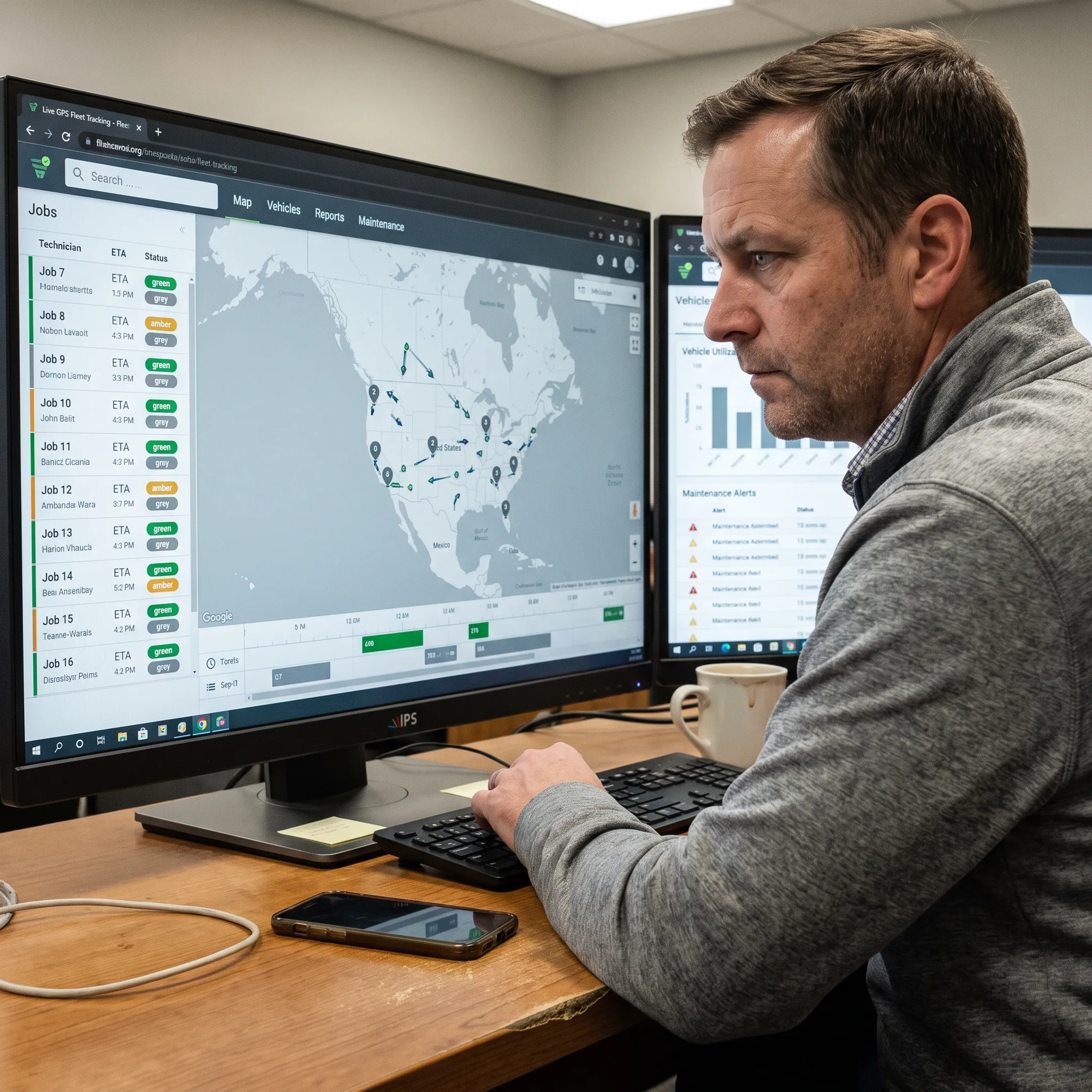 Dispatcher monitoring field technicians on a live fleet map