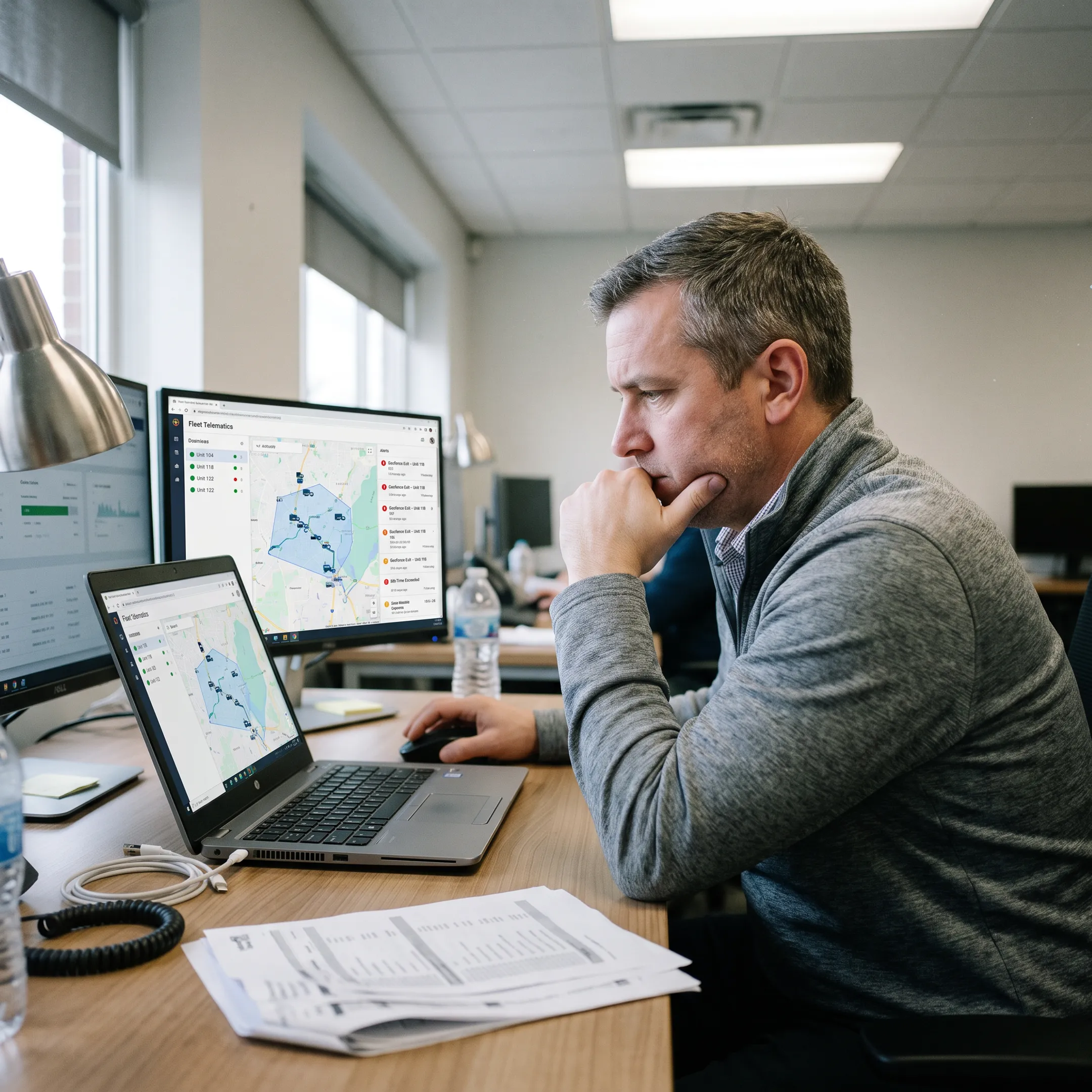 Fleet manager reviewing geofence alerts on a map