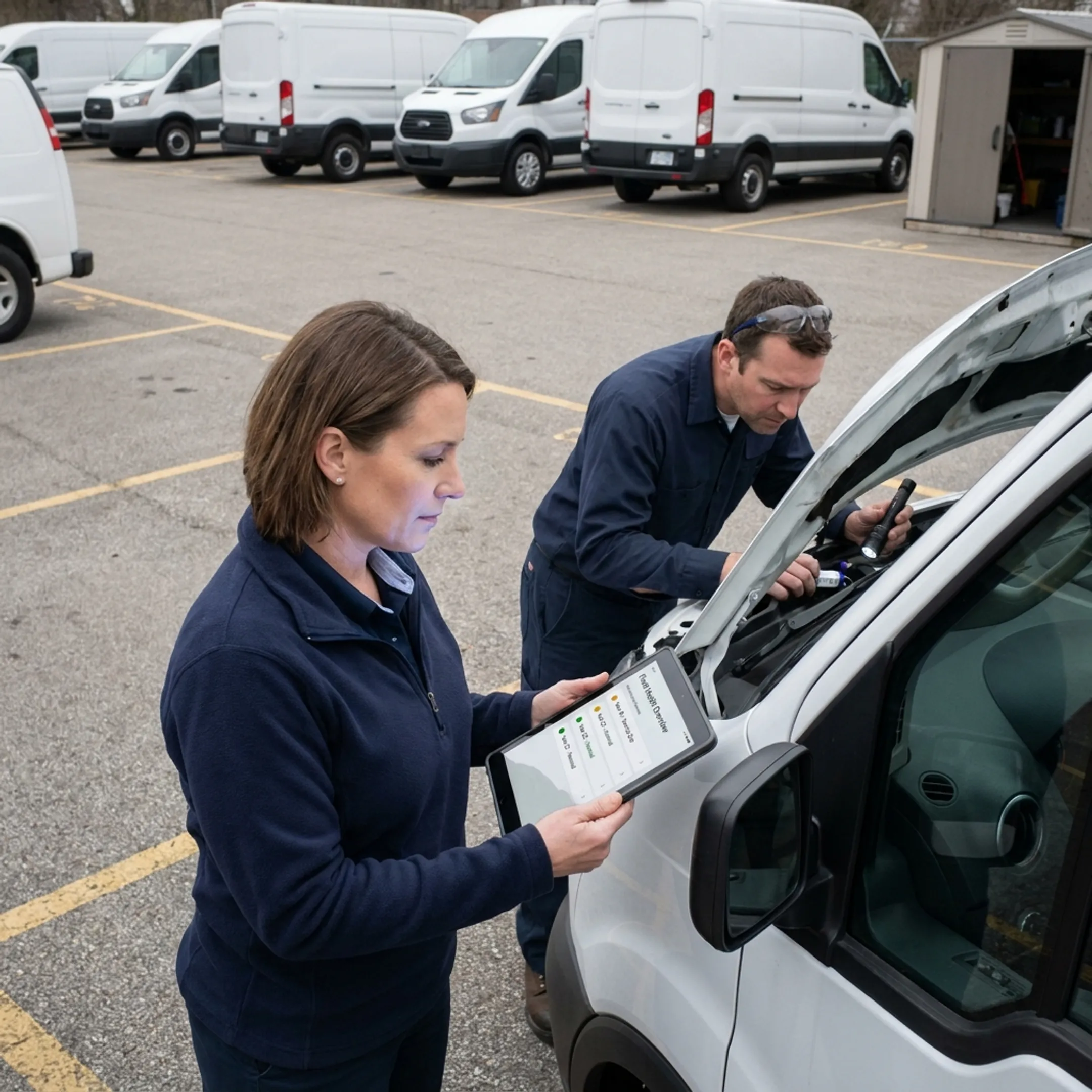 Technician checking a commercial vehicle