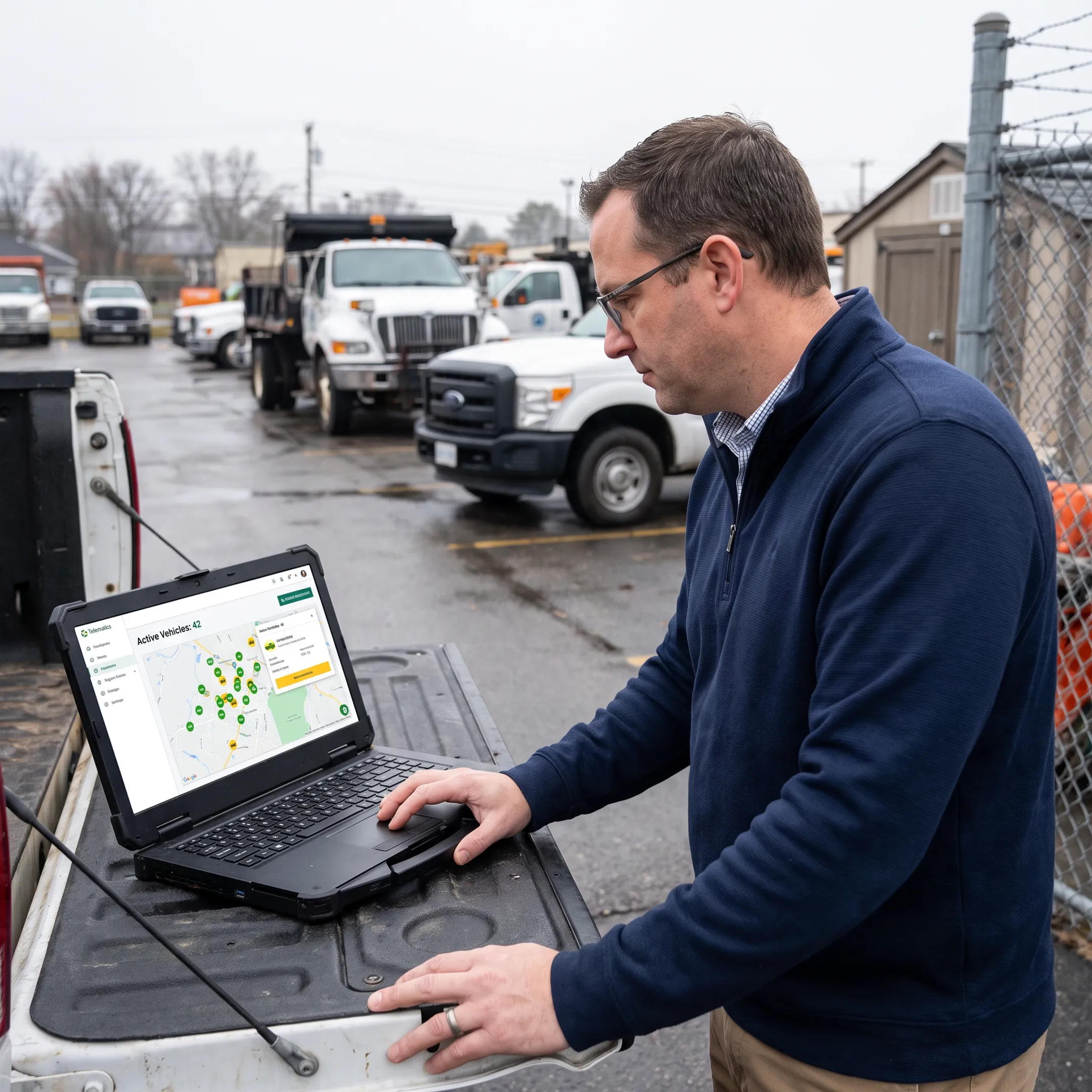 Municipal fleet manager reviewing asset locations