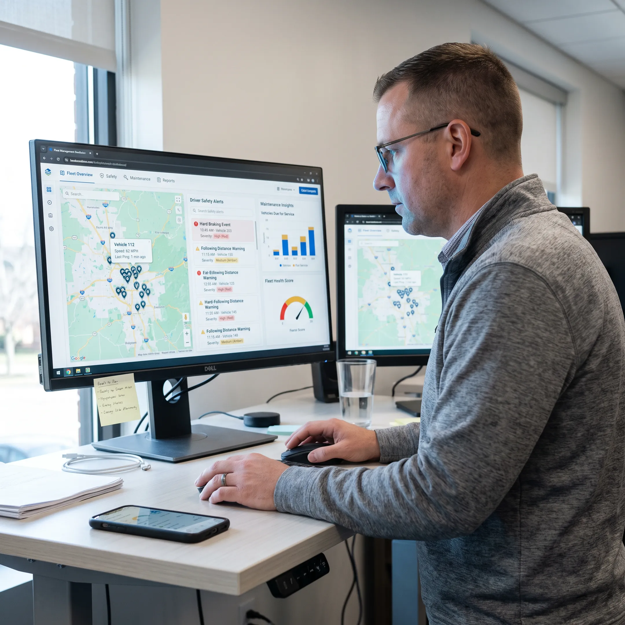 Fleet manager reviewing connected vehicle data