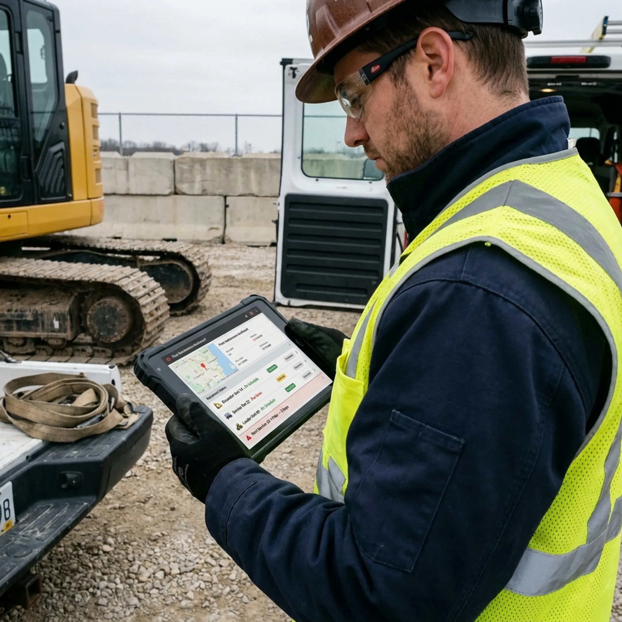 Technician checking maintenance status on tablet