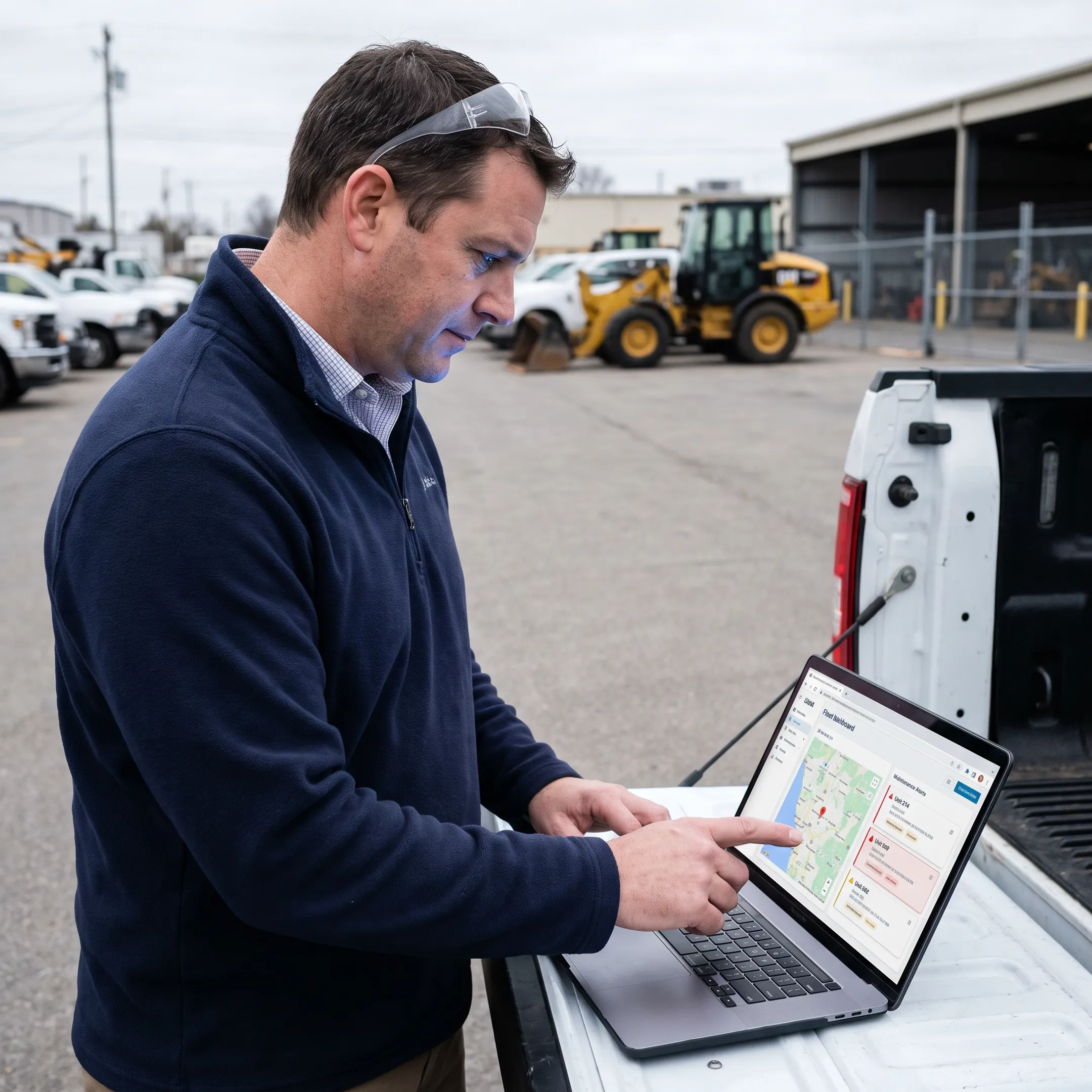 Fleet manager reviewing equipment maintenance data