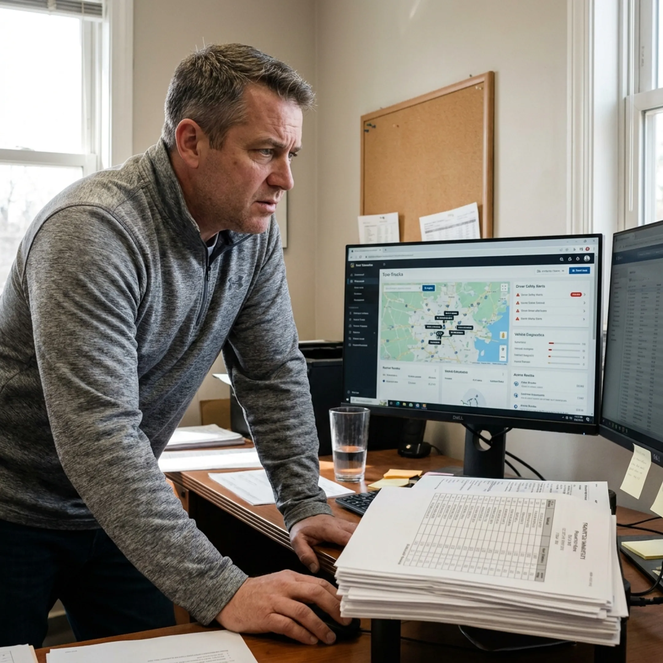 Fleet manager reviewing tow truck activity
