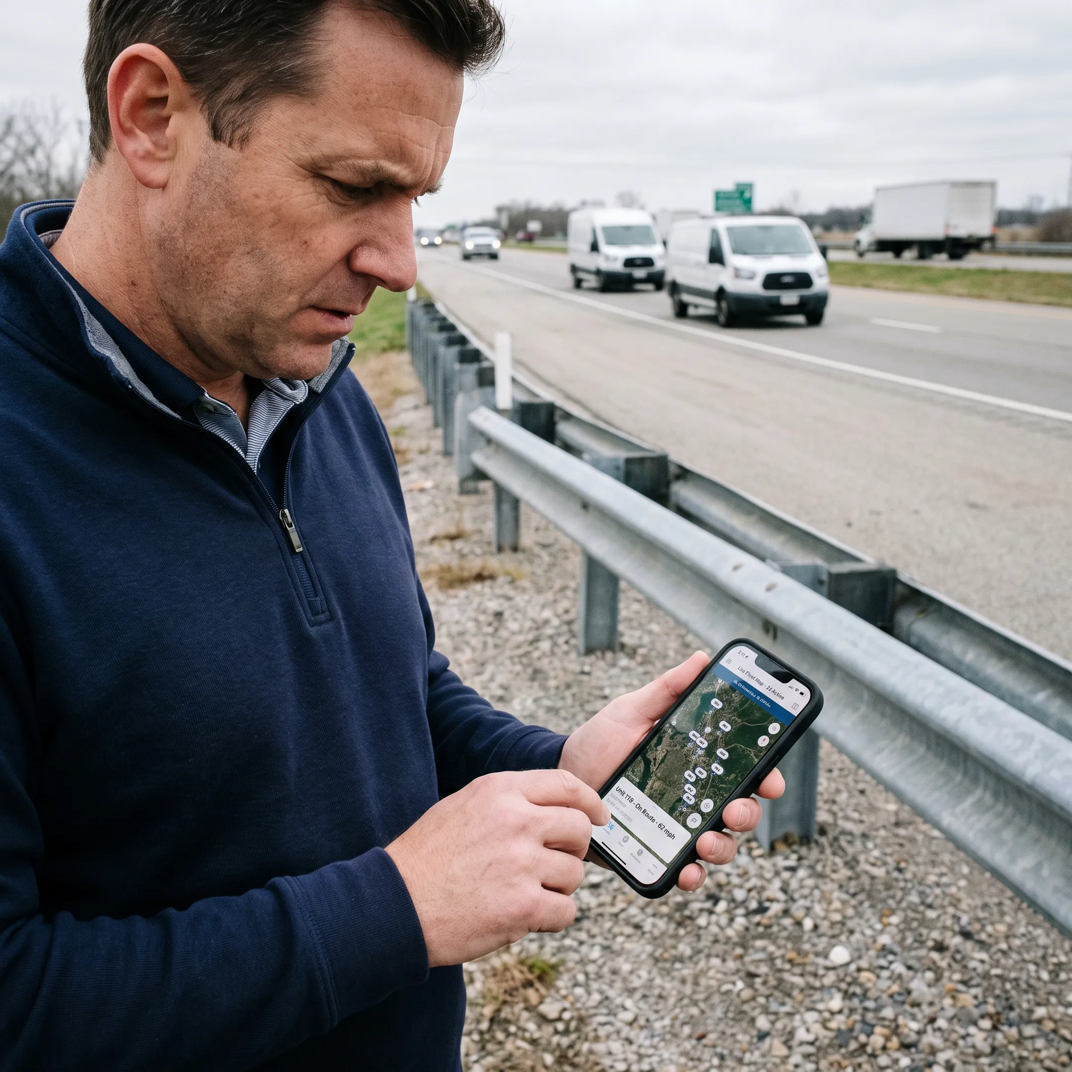 Fleet manager reviewing vehicle locations on a mobile app