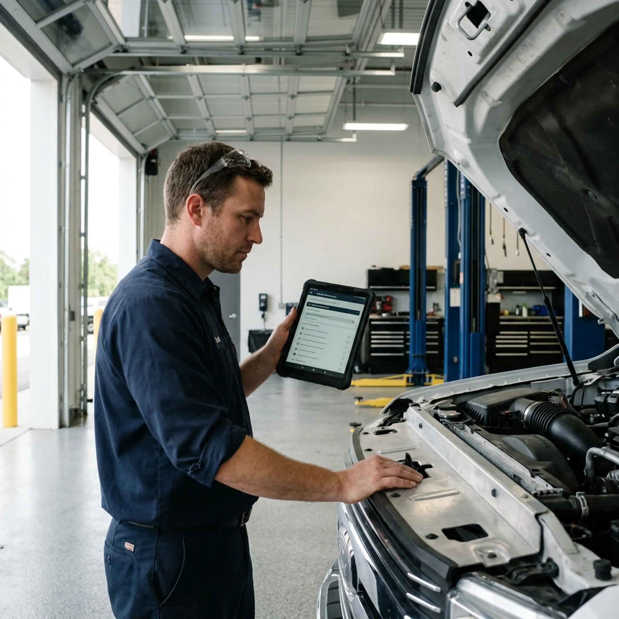 Technician servicing a commercial fleet vehicle