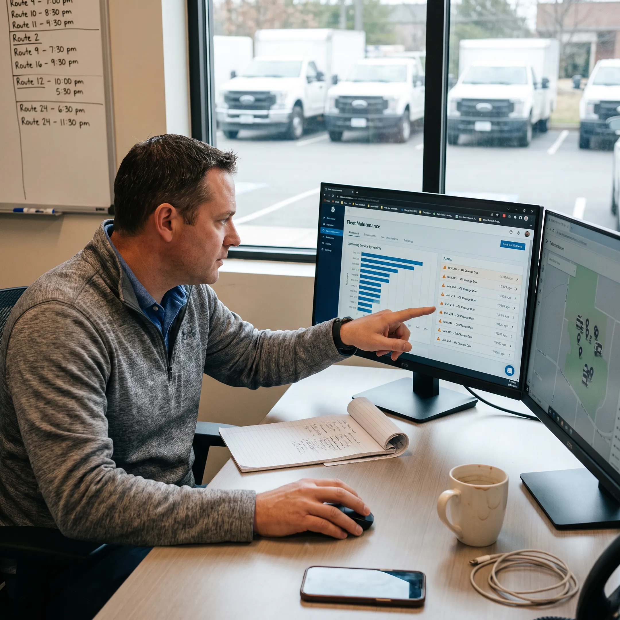 Fleet manager reviewing vehicle maintenance data