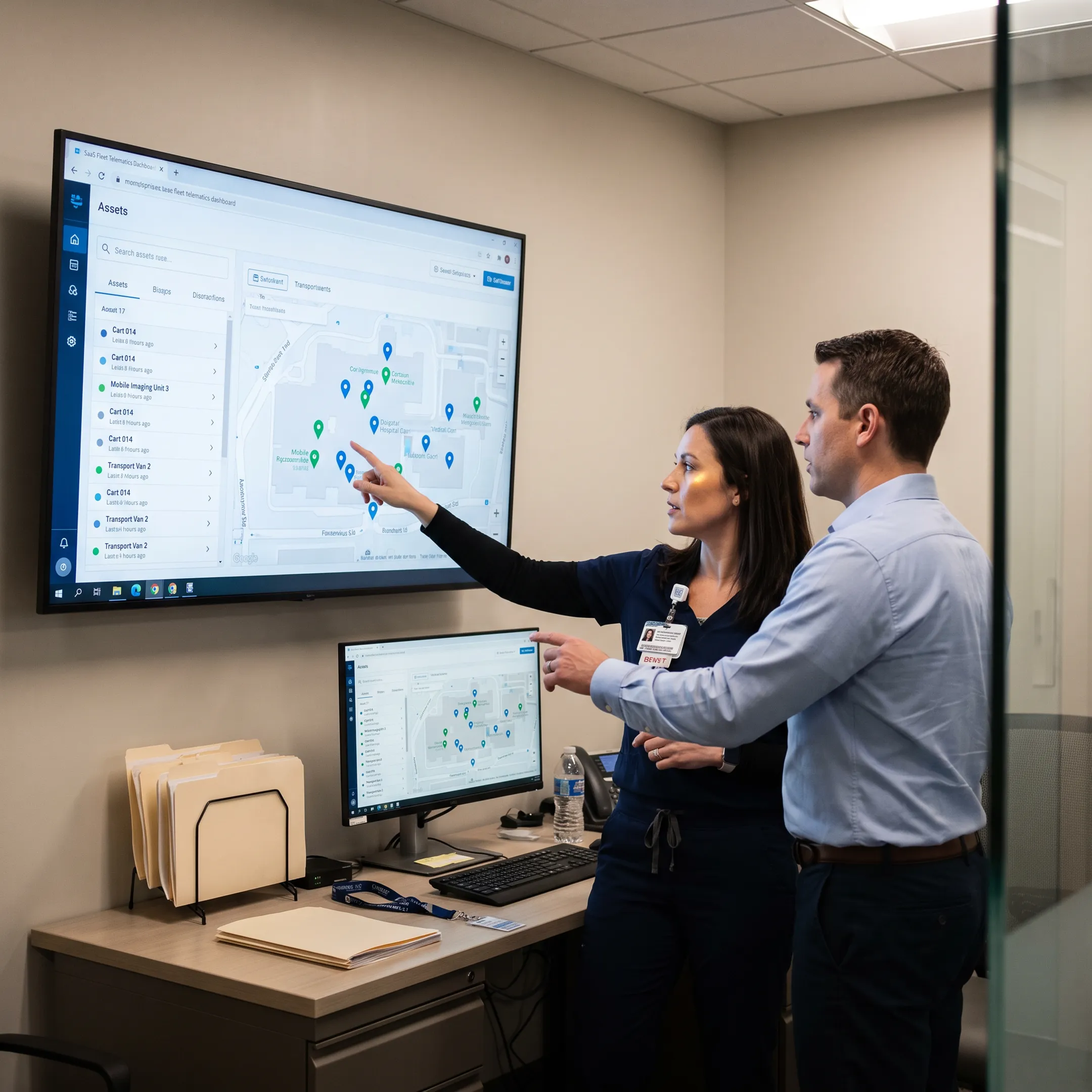 Hospital staff viewing equipment locations on a tracking dashboard