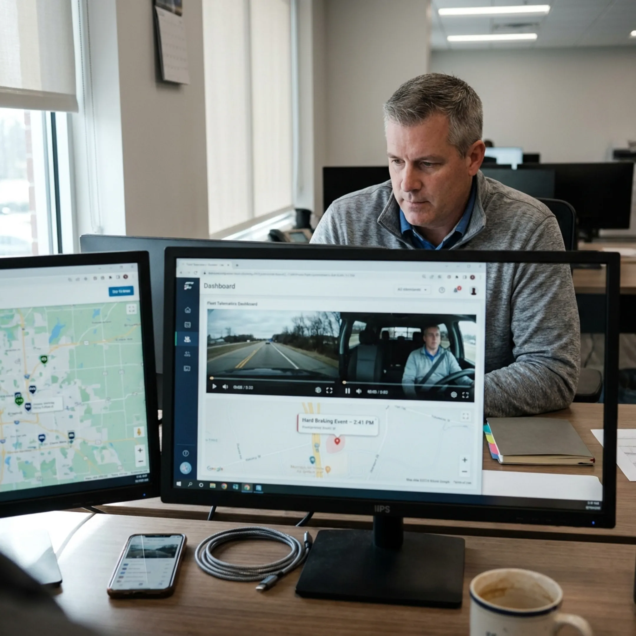 Fleet manager reviewing dash cam footage