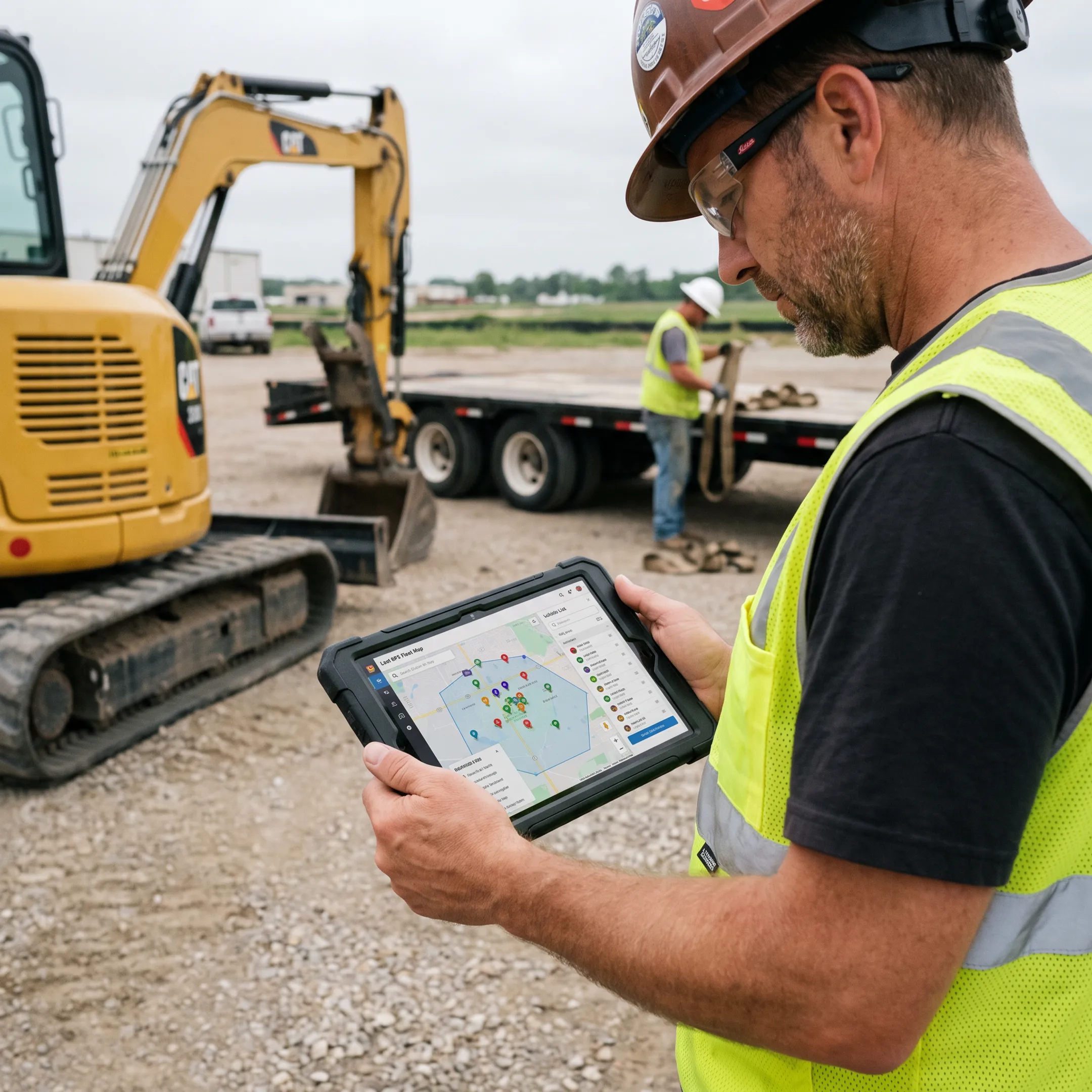 Construction equipment displayed on a live GPS tracking map