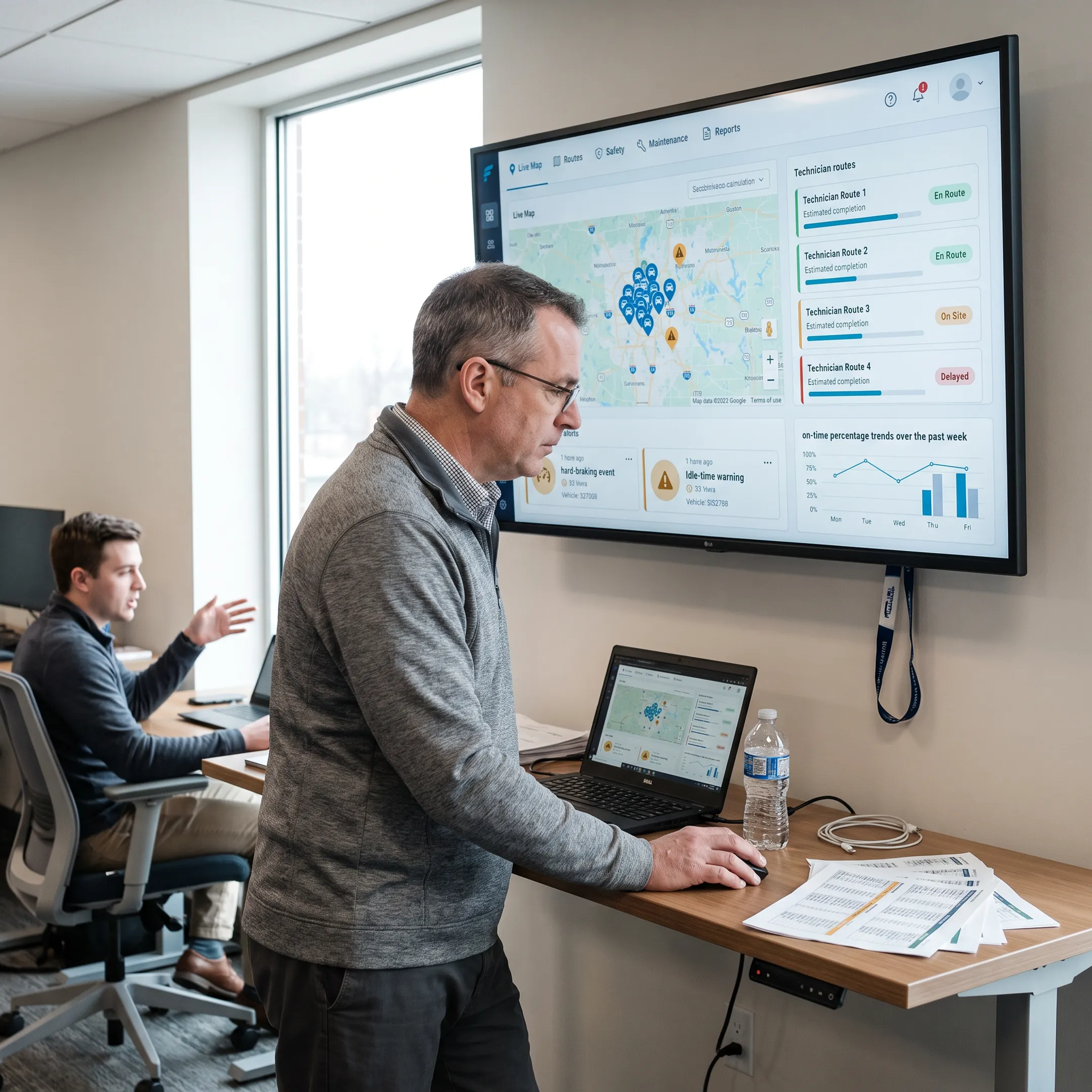 Field service manager monitoring vehicles on a live map