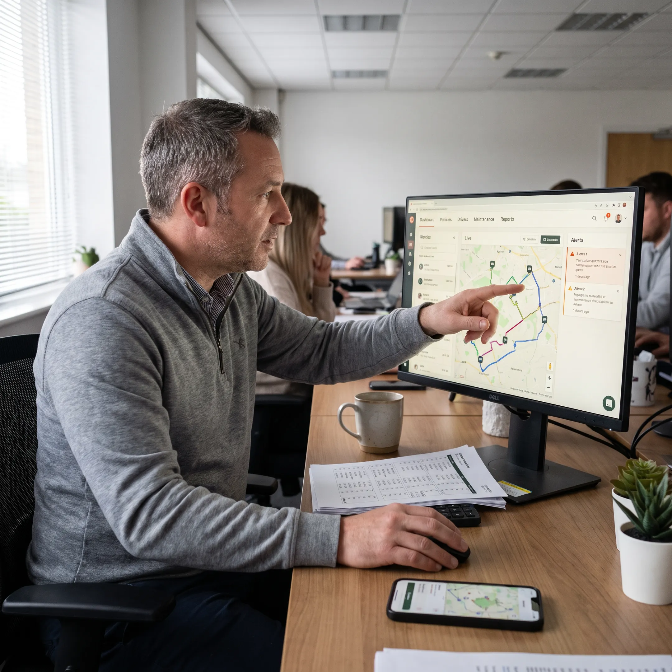 Fleet manager reviewing vehicle tracking dashboard