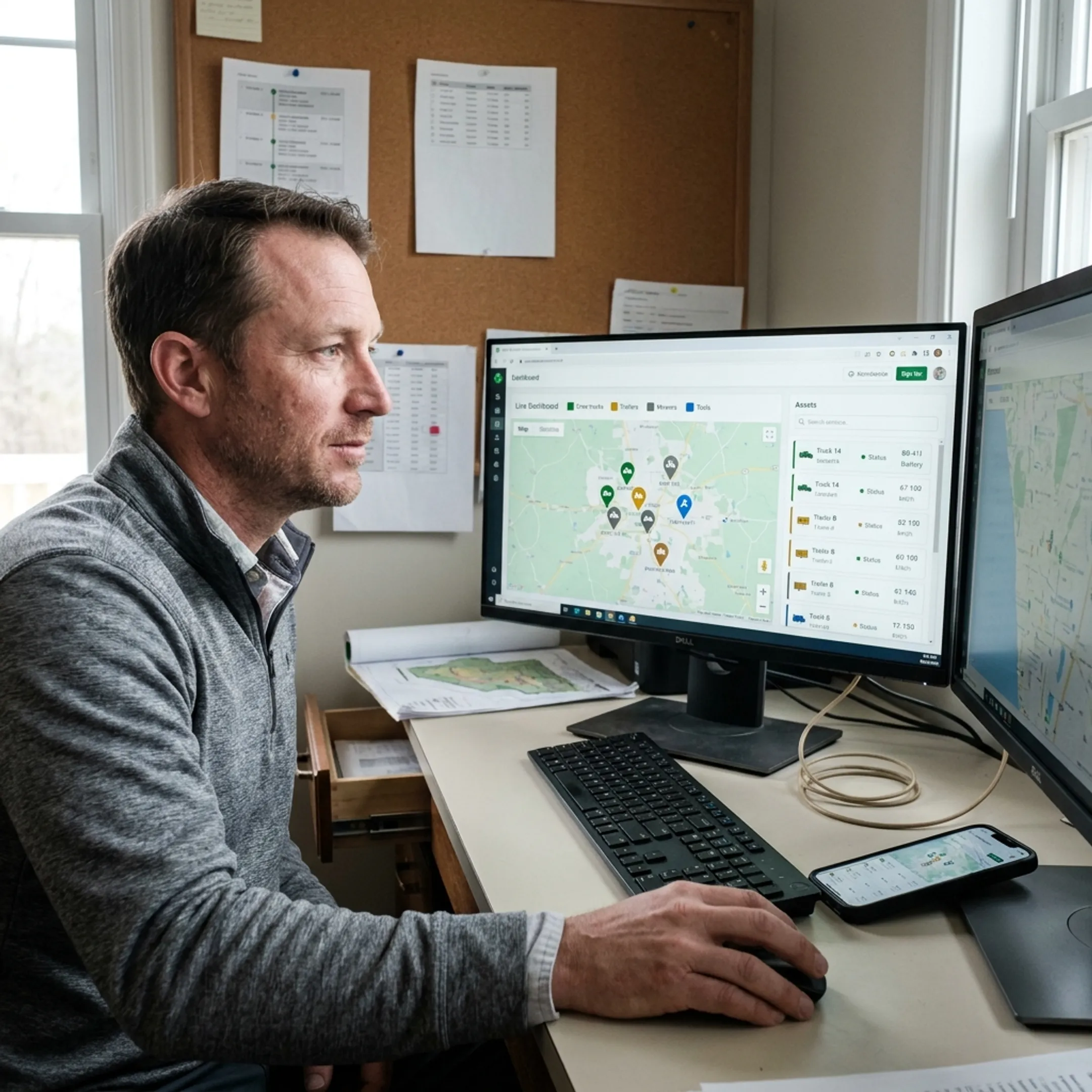 Fleet manager viewing landscaping equipment locations