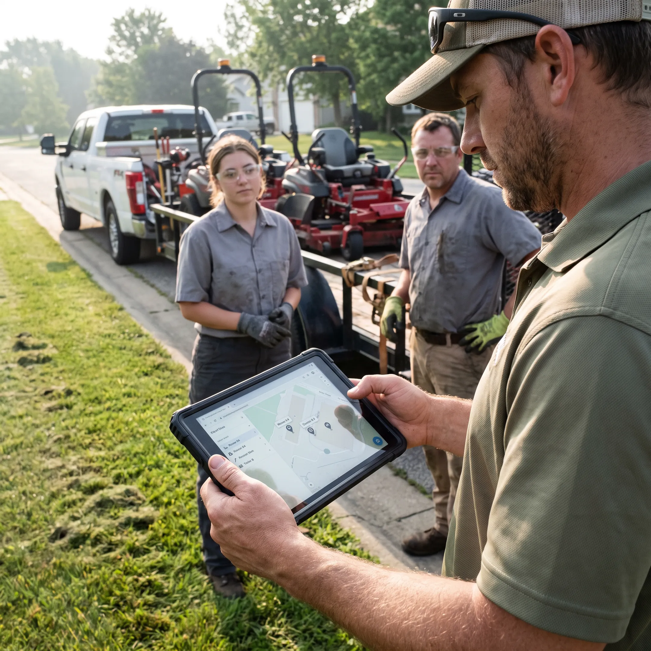 Landscaping crew tracking equipment at a job site