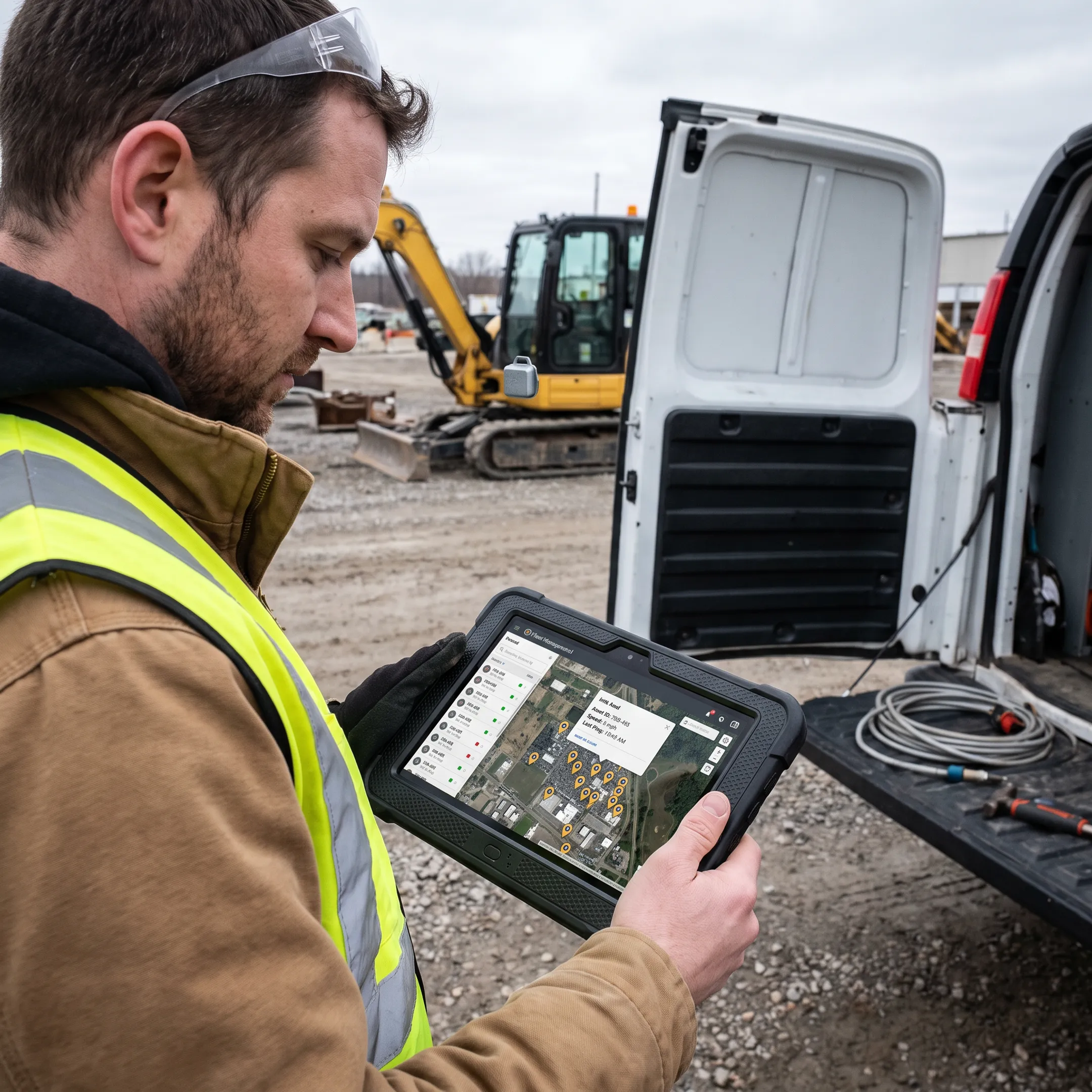 Field technician checking tracked equipment on a tablet