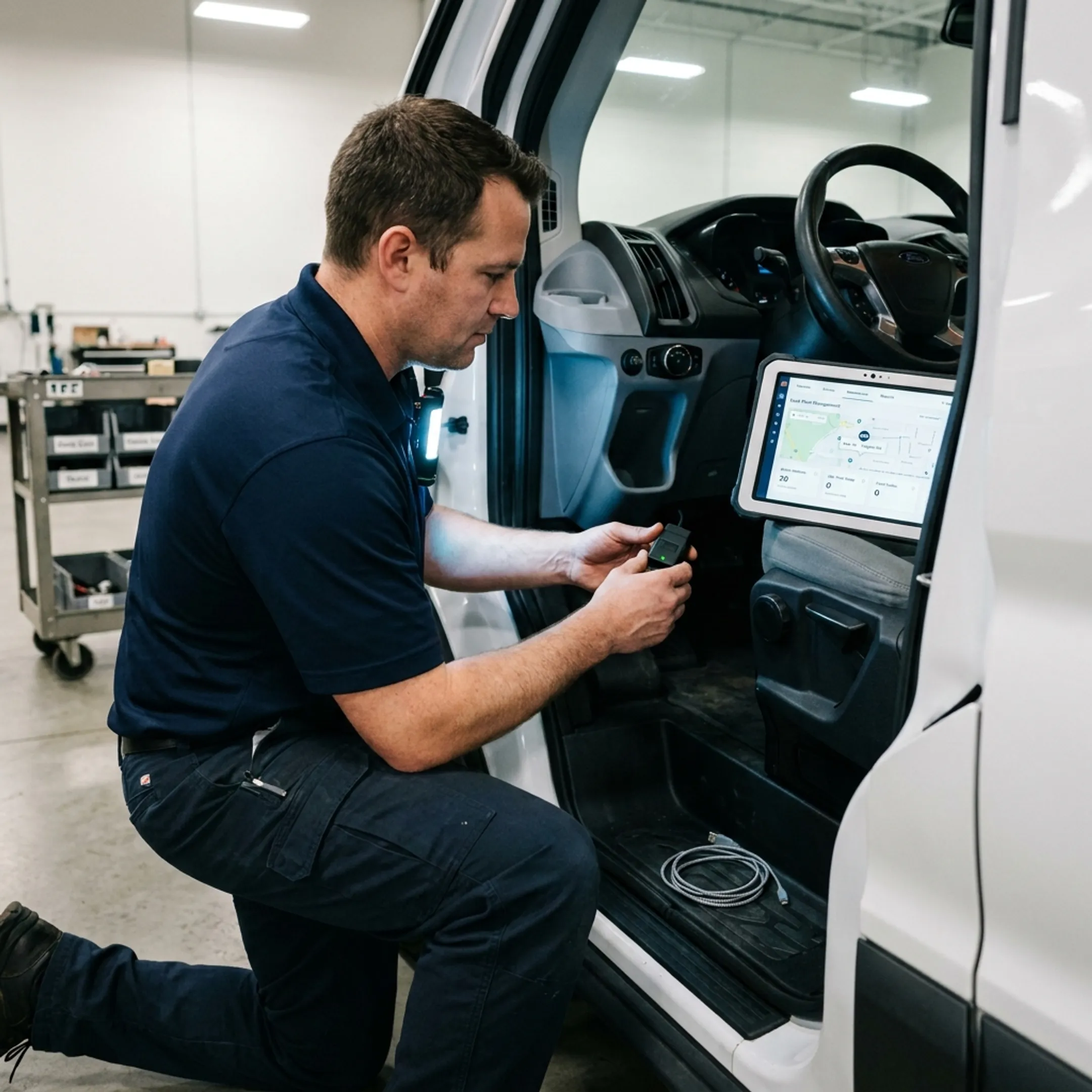 Technician installing a GPS tracker in a work van