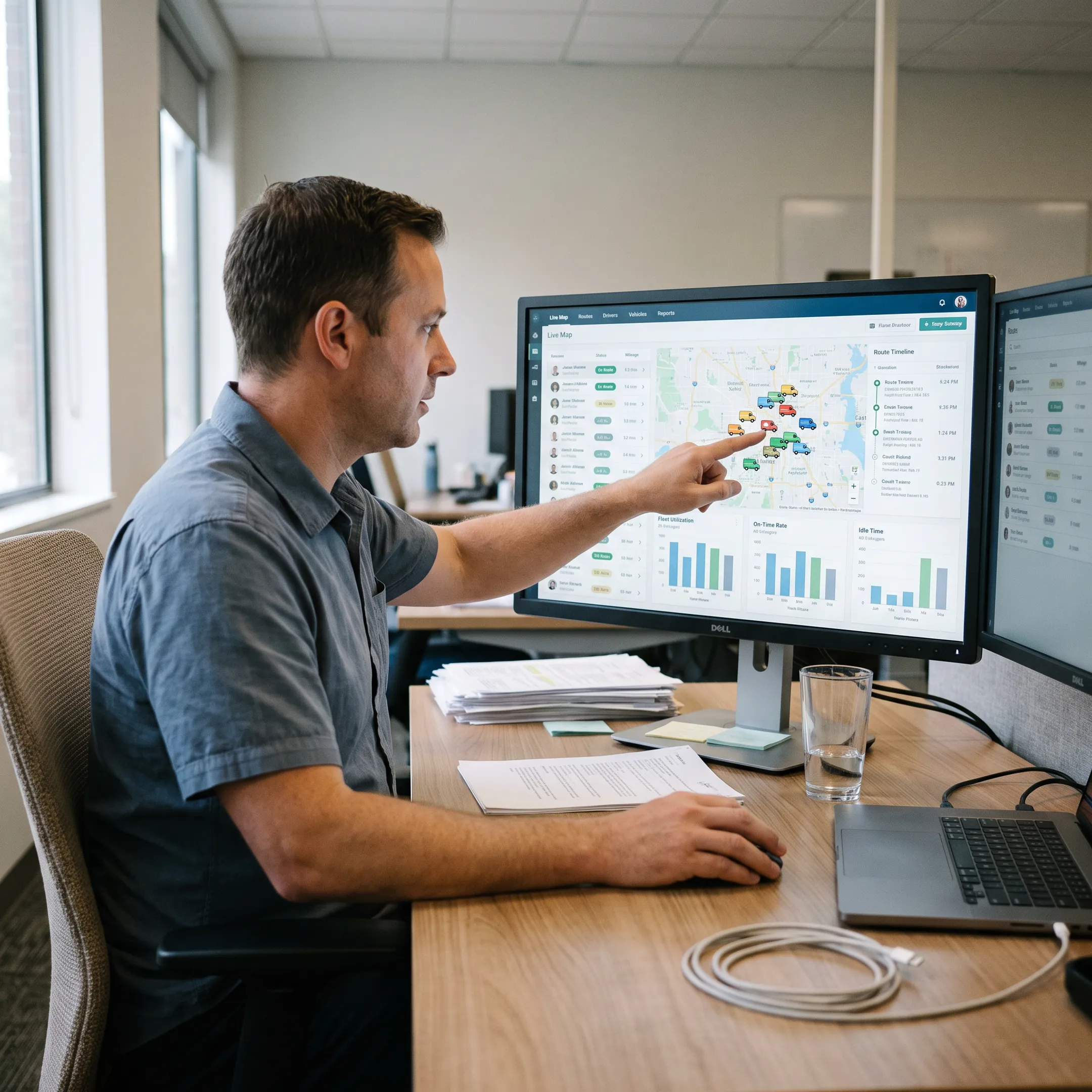 Fleet manager viewing van locations on a tracking dashboard