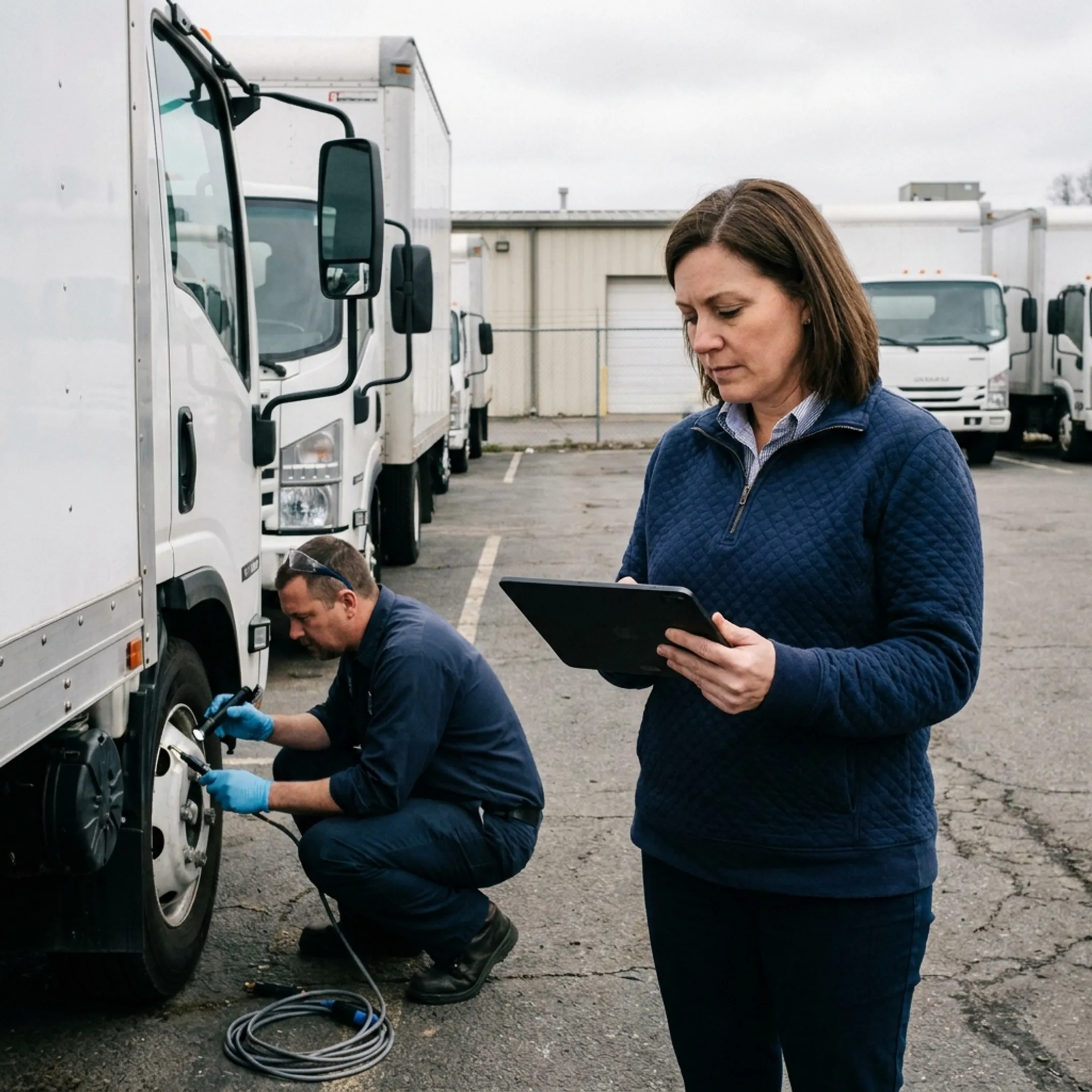 Technician reviewing fleet vehicle inspection