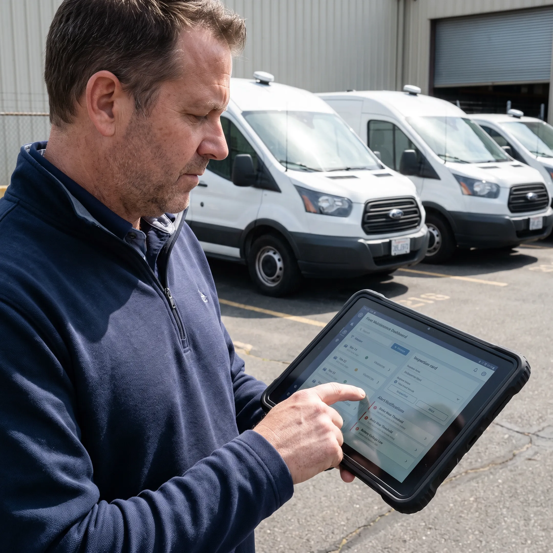 Fleet manager reviewing vehicle maintenance data
