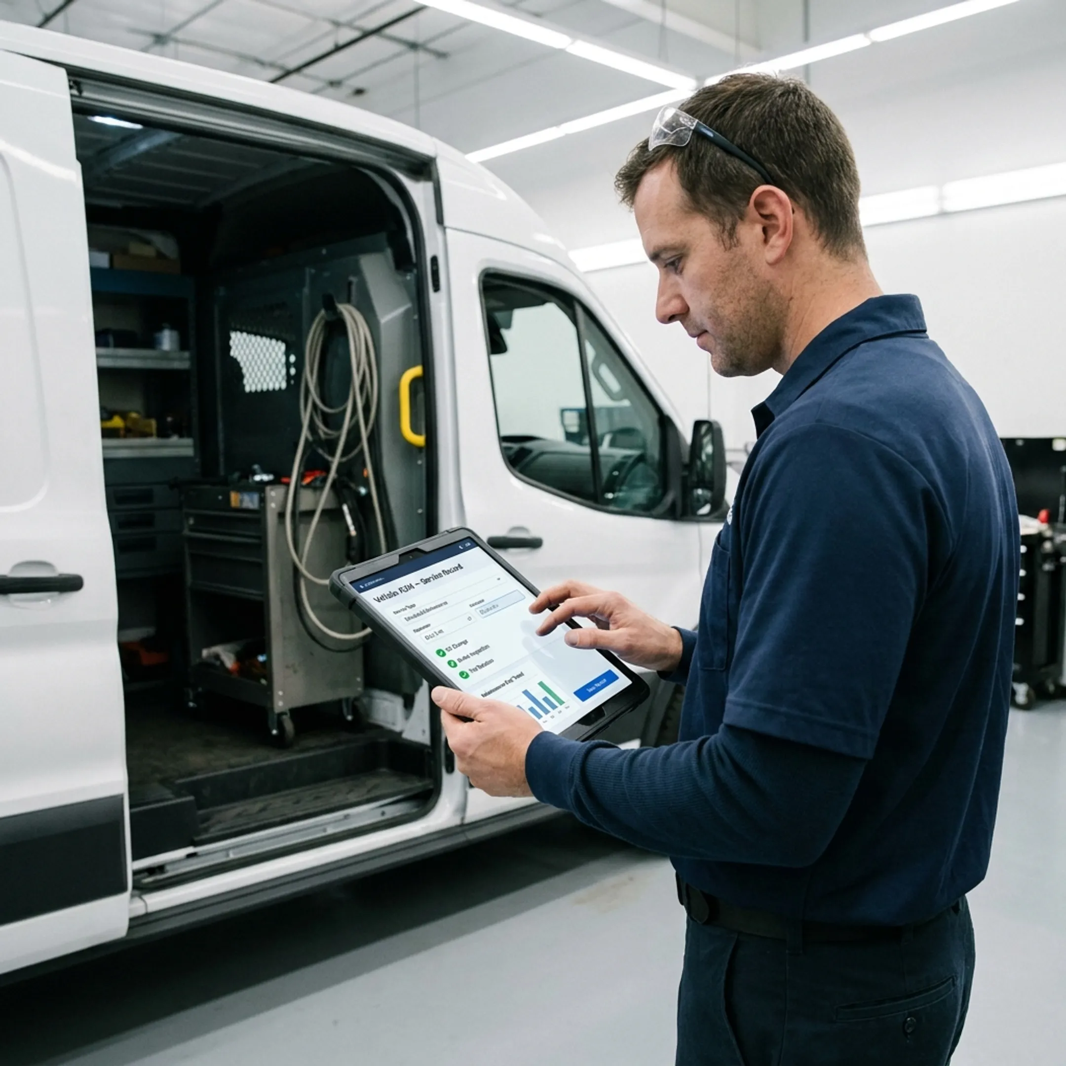 Technician updating fleet service records