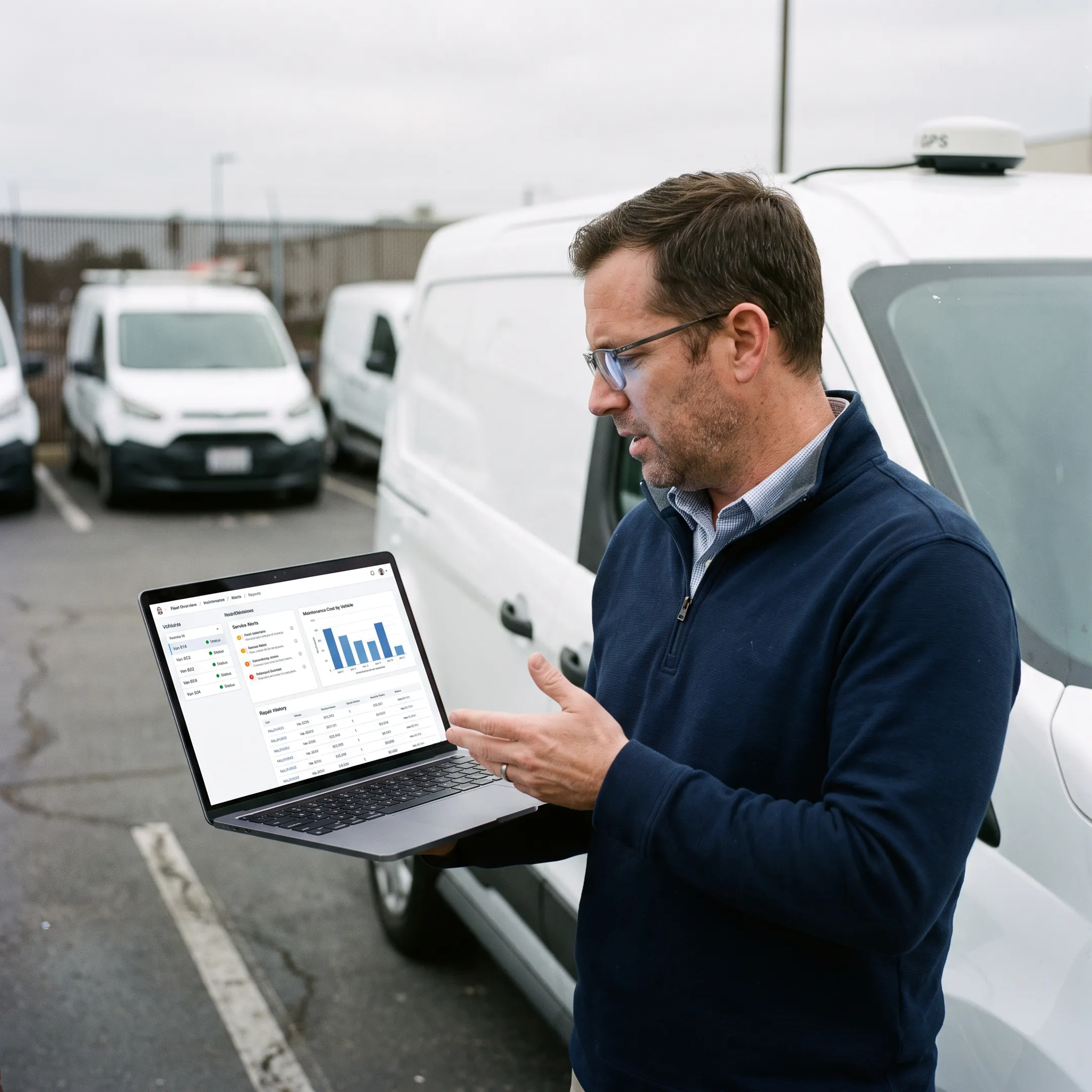 Fleet manager reviewing vehicle maintenance data