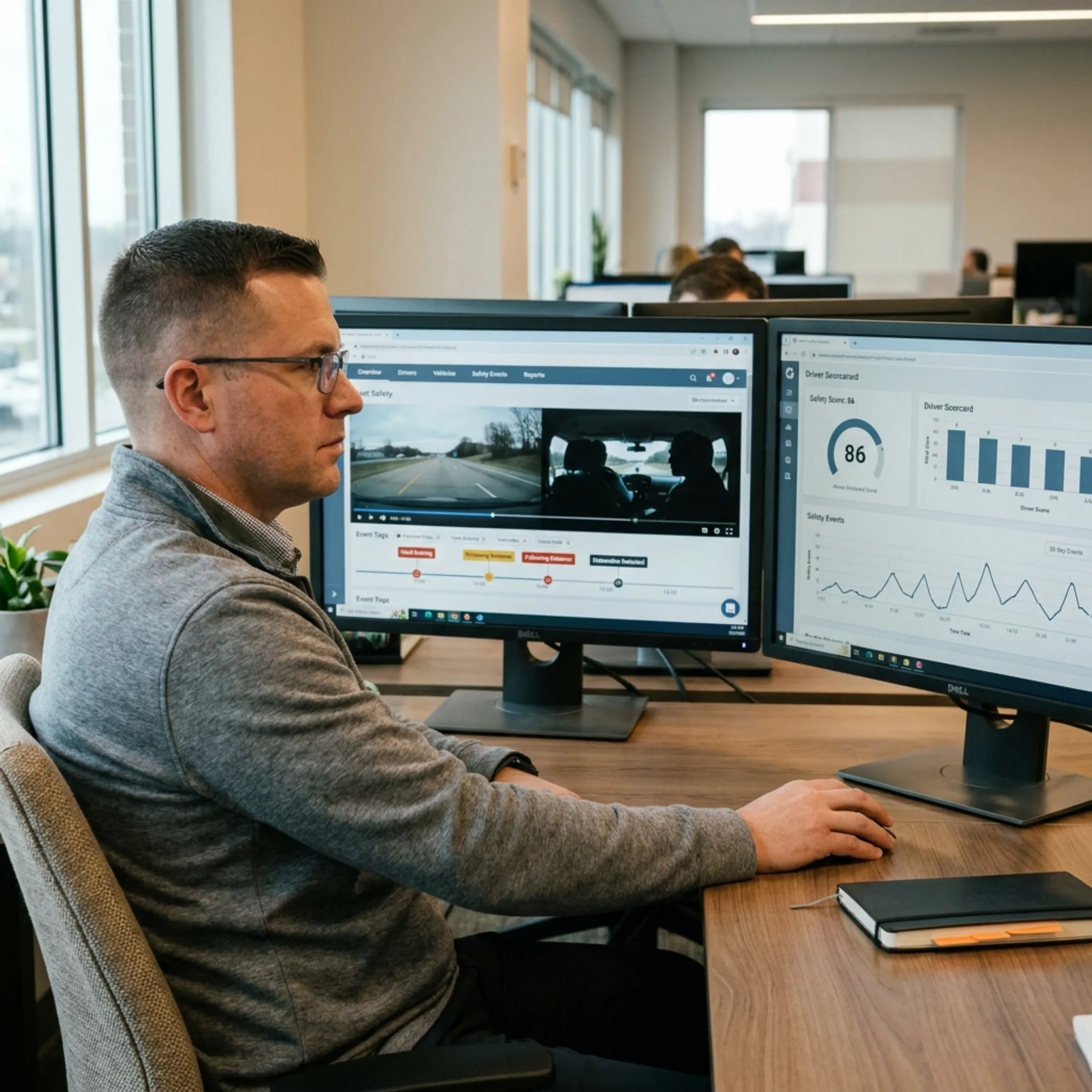 Fleet manager reviewing driver safety video