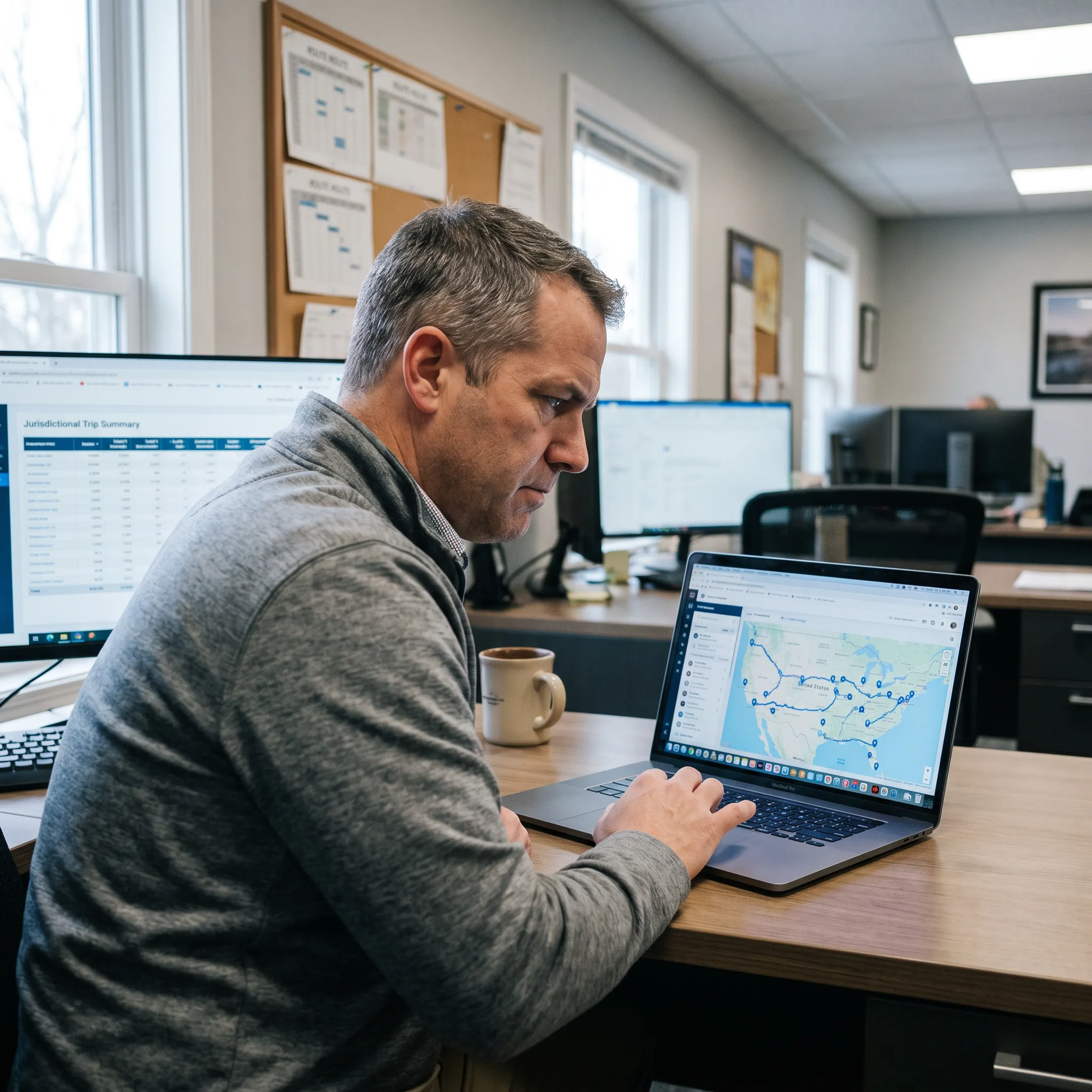 Fleet manager reviewing digital mileage reports