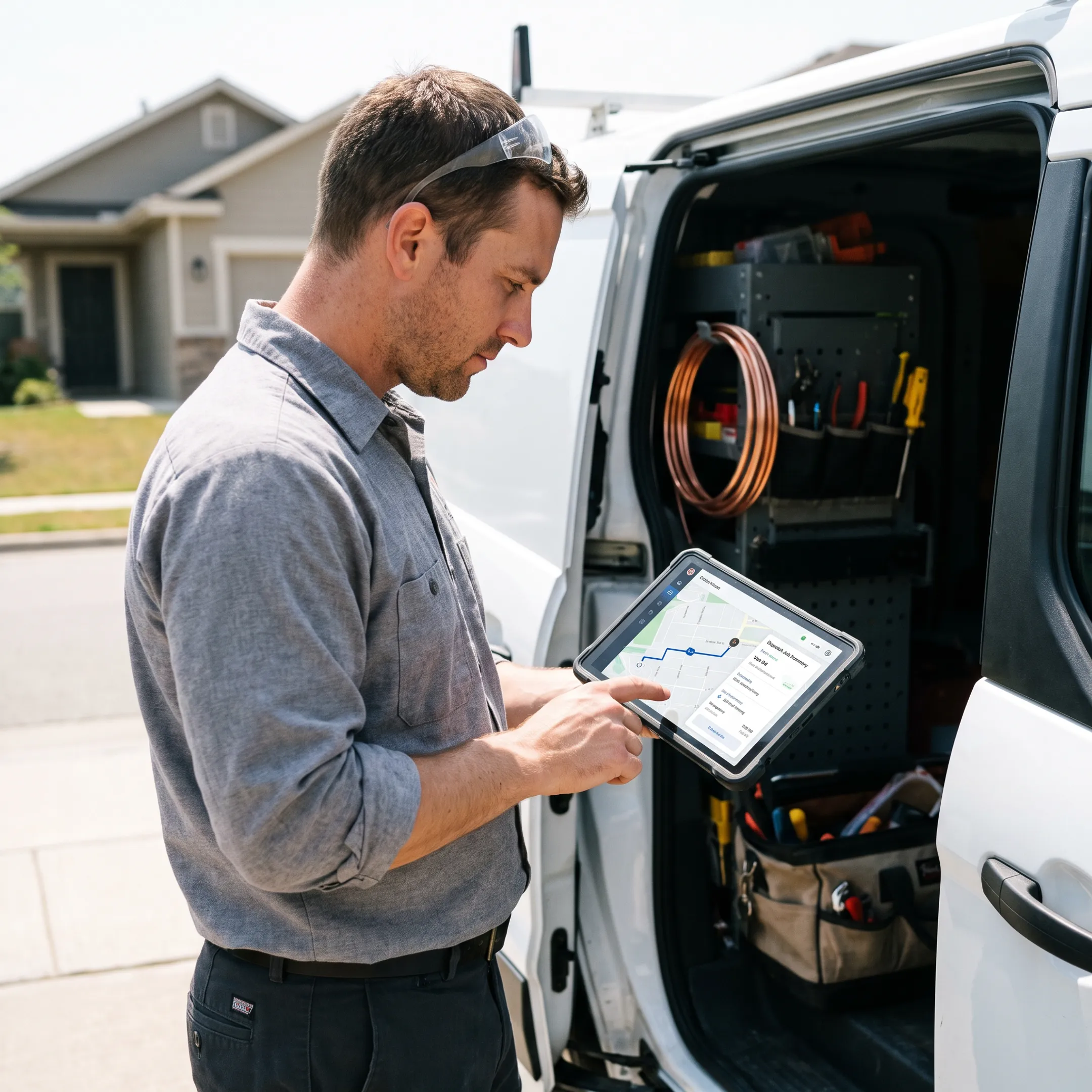 HVAC technician using fleet management software