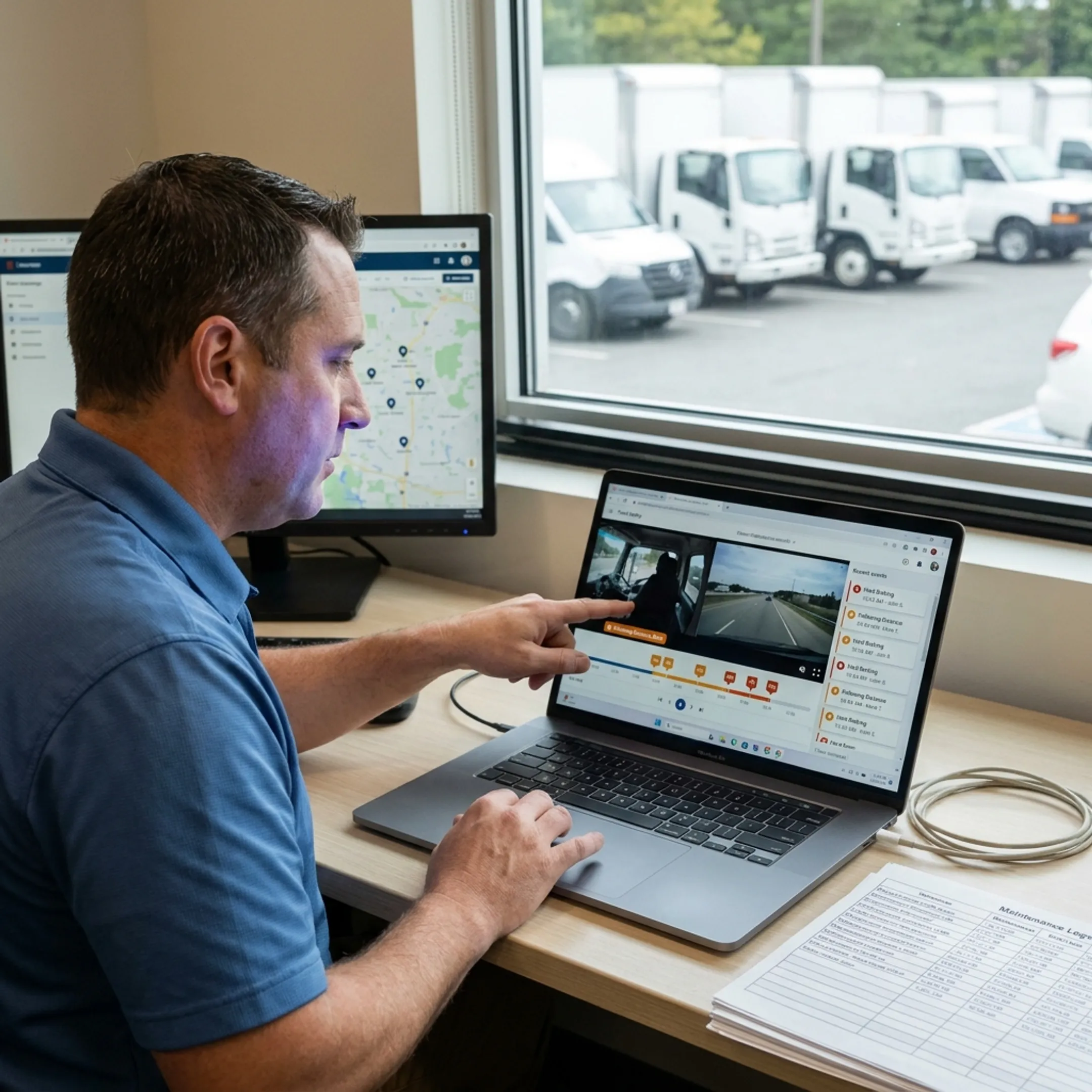 Fleet manager reviewing dash camera footage