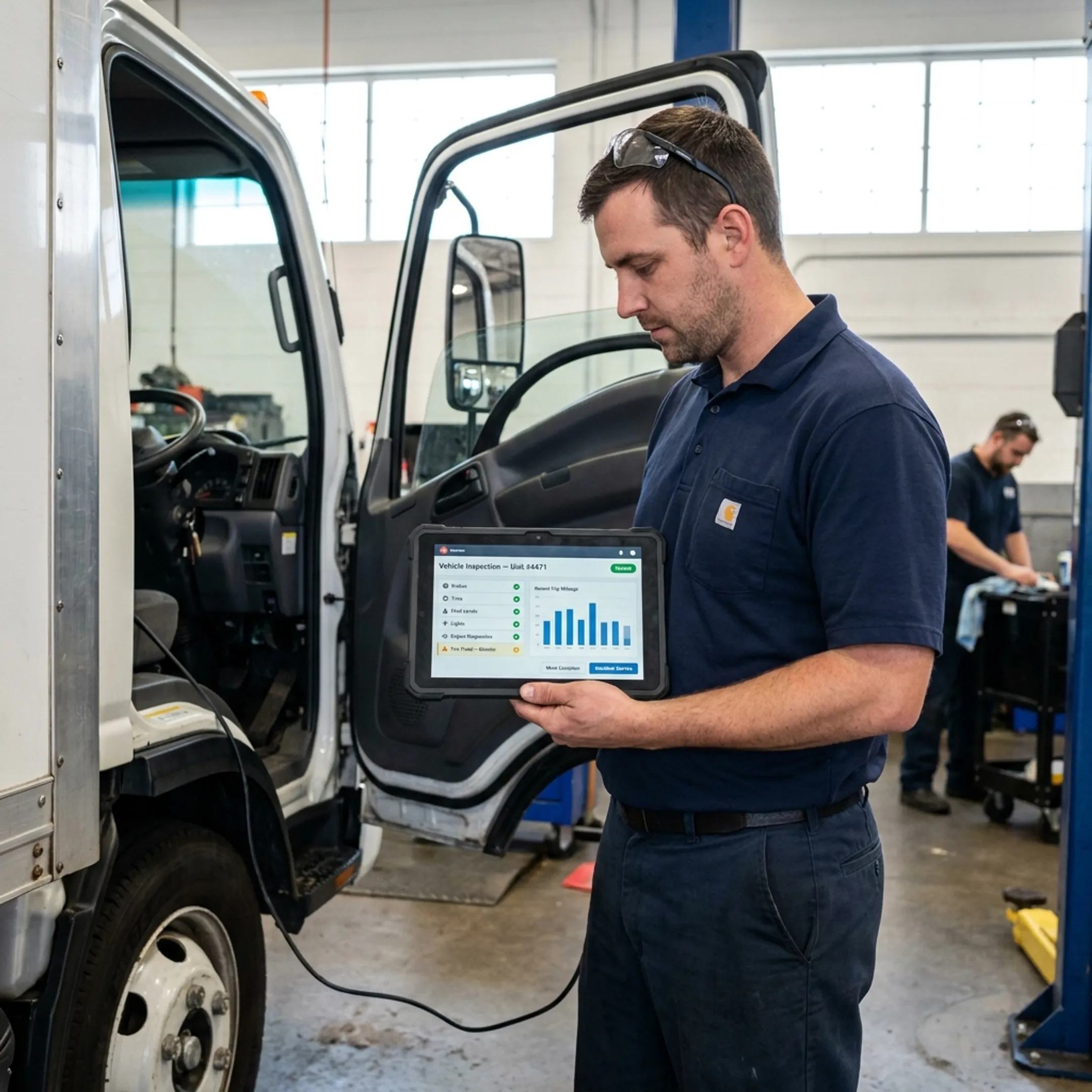 Technician using a tablet beside a fleet vehicle