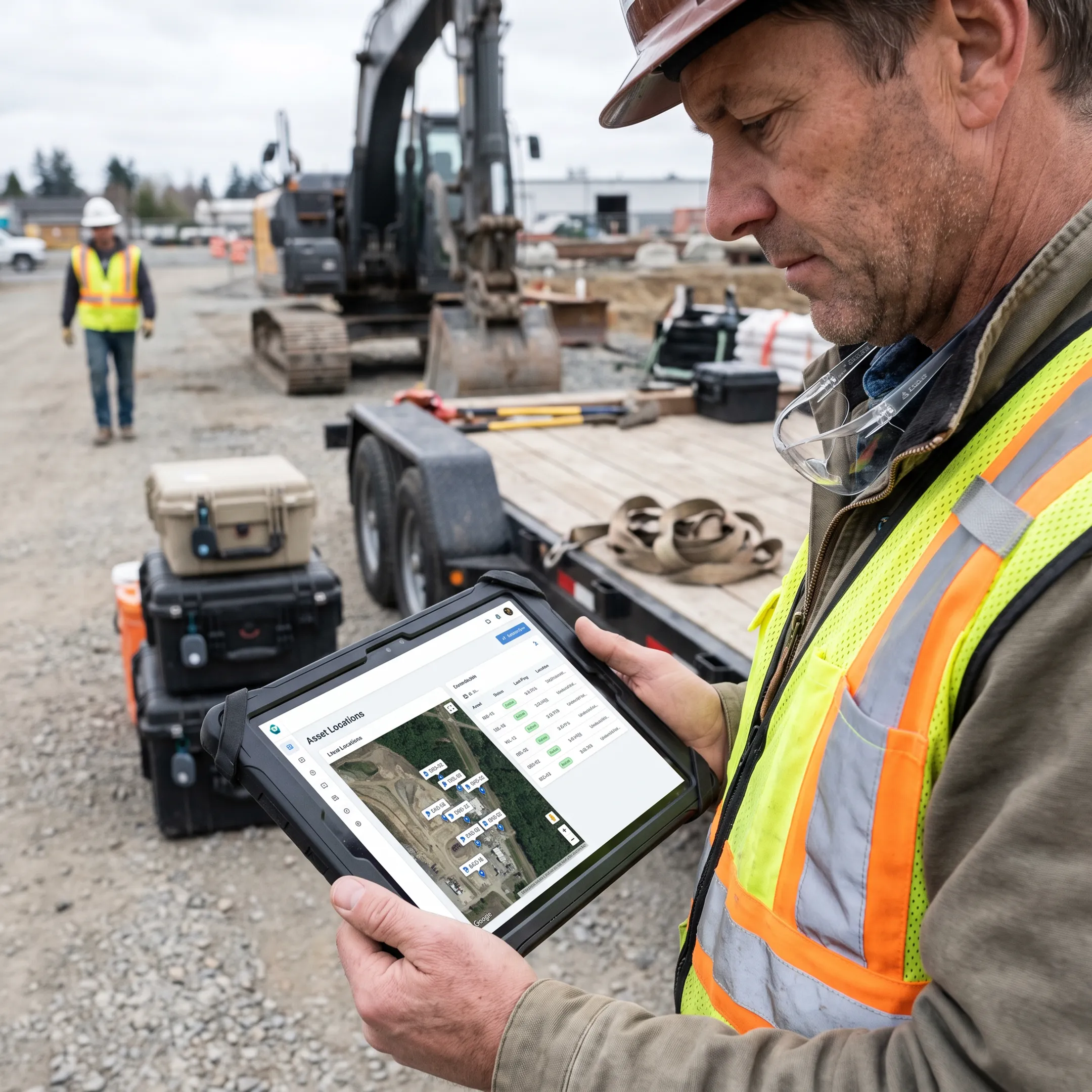 GPS-tracked construction equipment on a job site