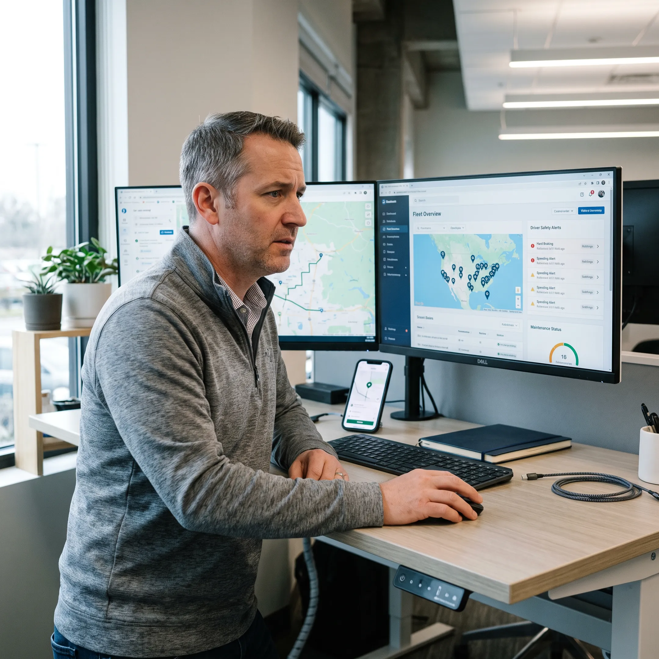Fleet manager reviewing vehicle data dashboard