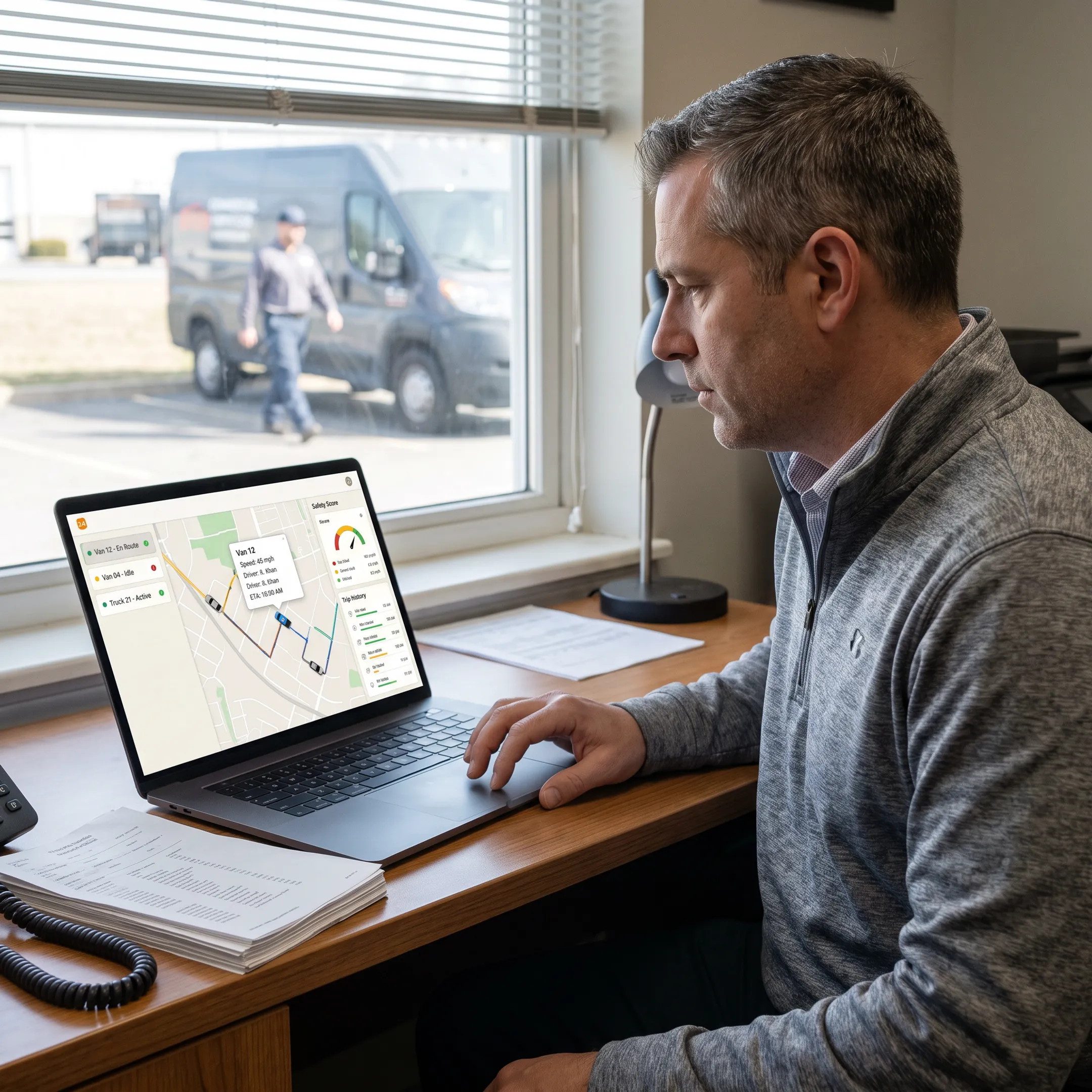 Fleet manager viewing vehicle locations on a GPS tracking app