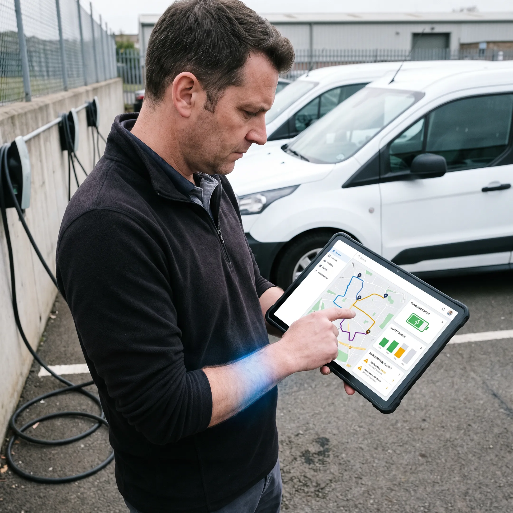 Fleet manager reviewing electric vehicle telematics