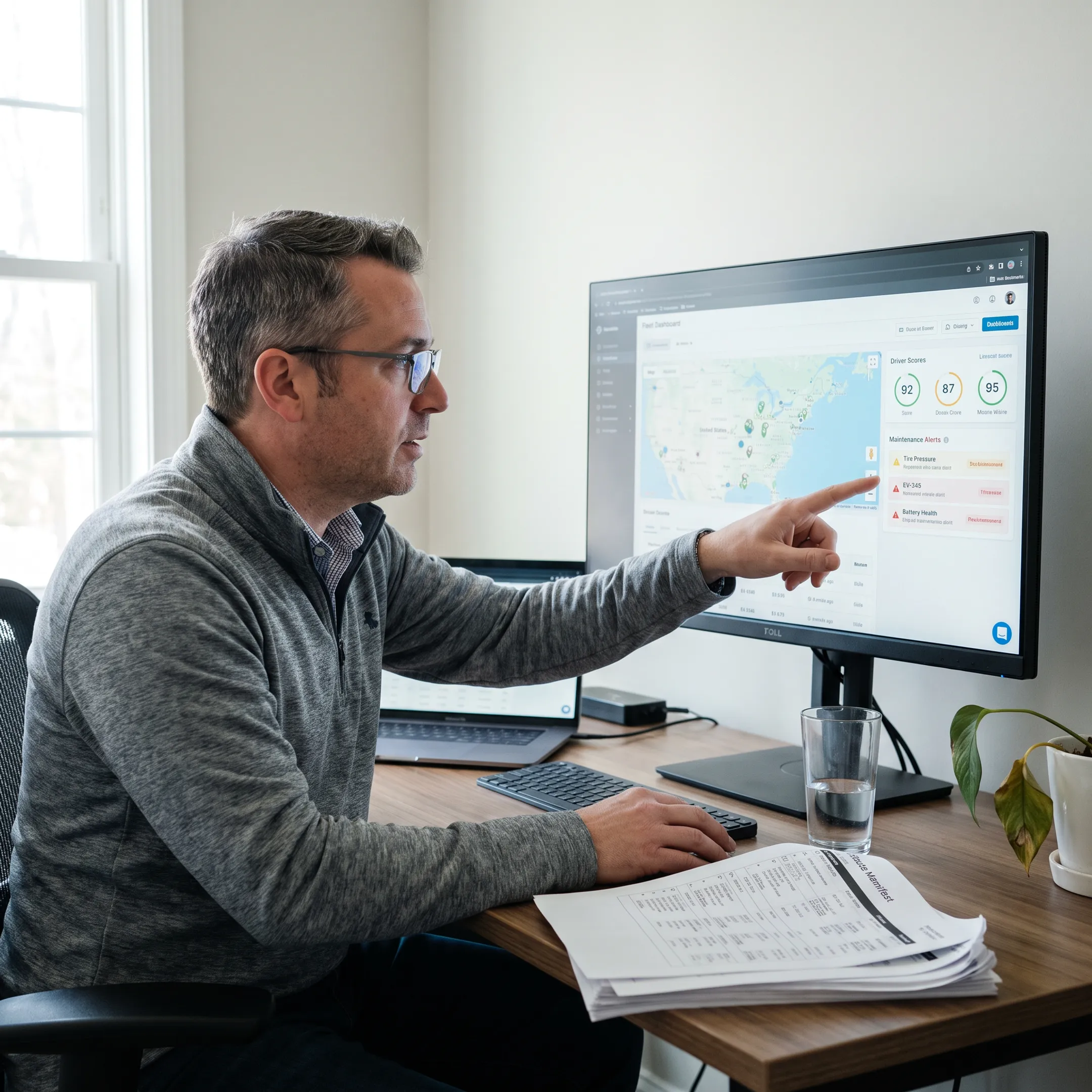 Fleet manager reviewing electric vehicle telematics