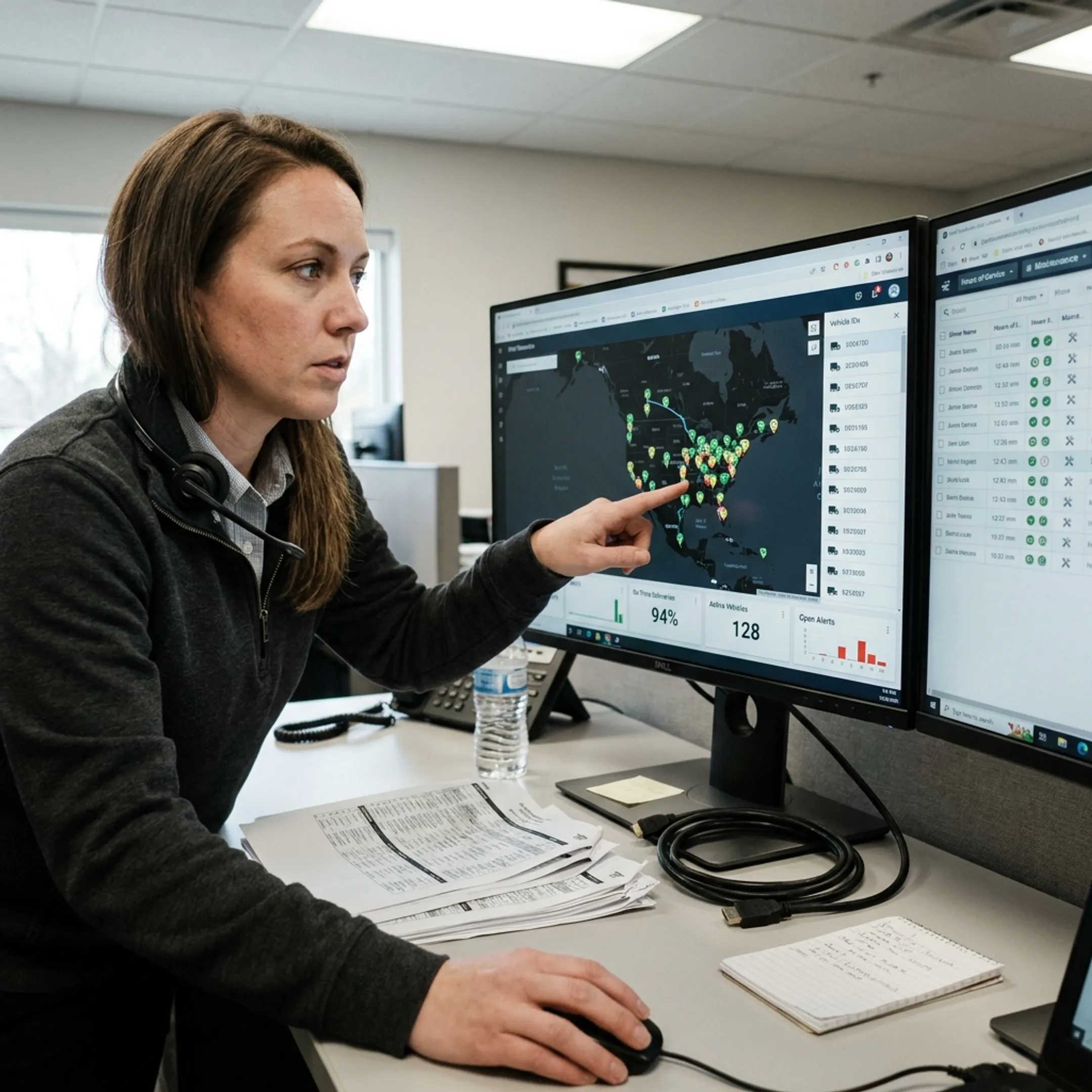 Dispatcher monitoring connected fleet tracking dashboard