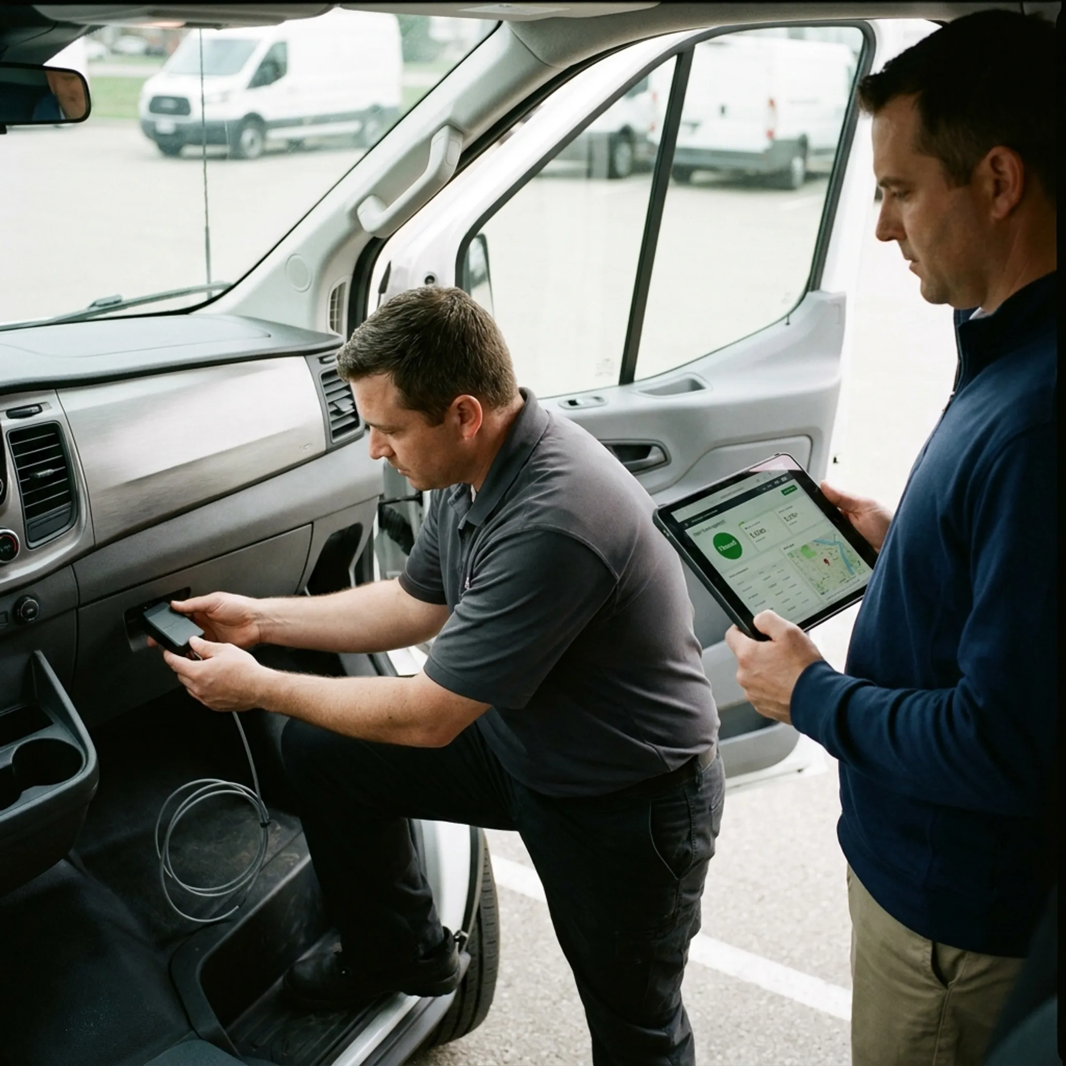 Technician connecting a GPS fleet tracker