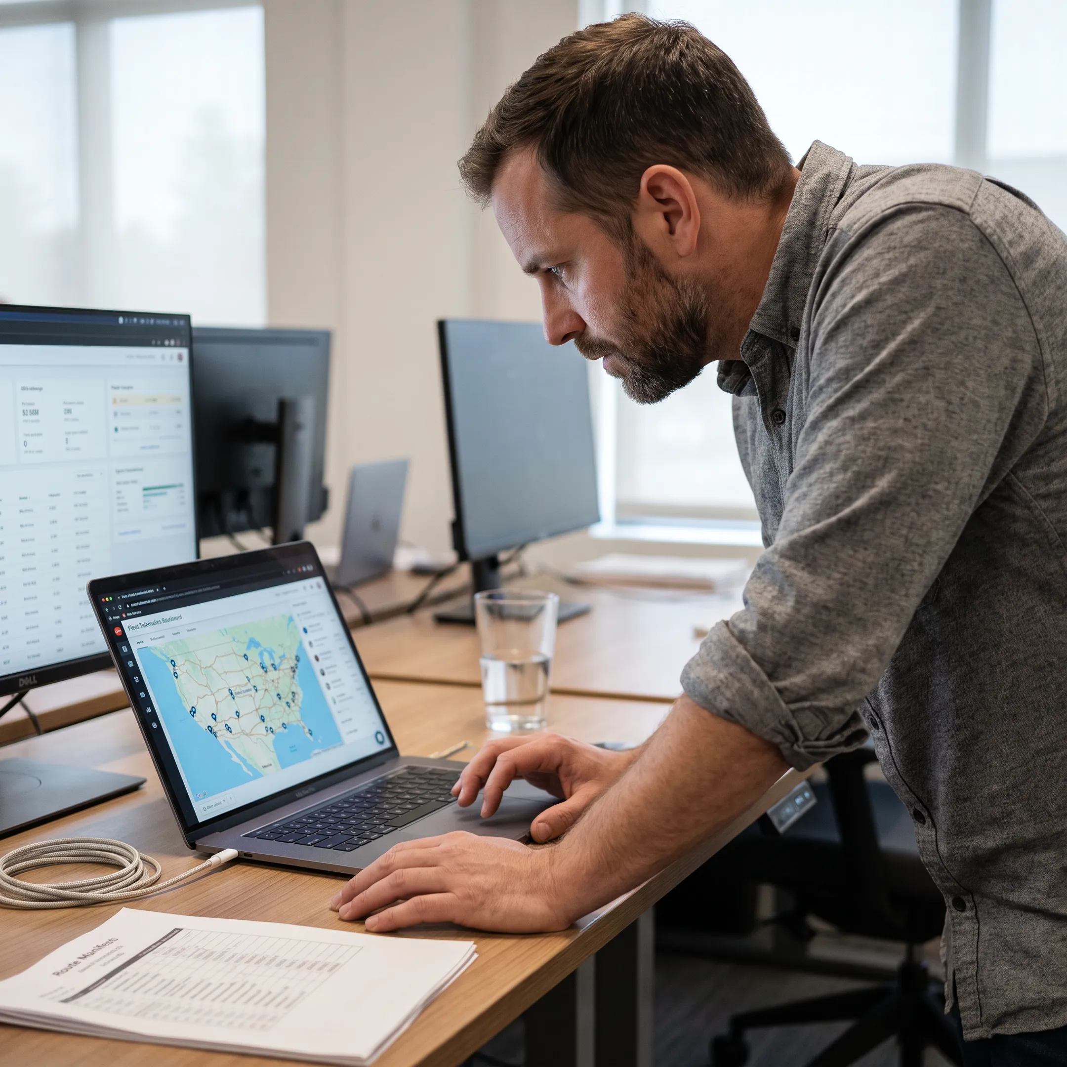 Fleet manager viewing live GPS tracking dashboard